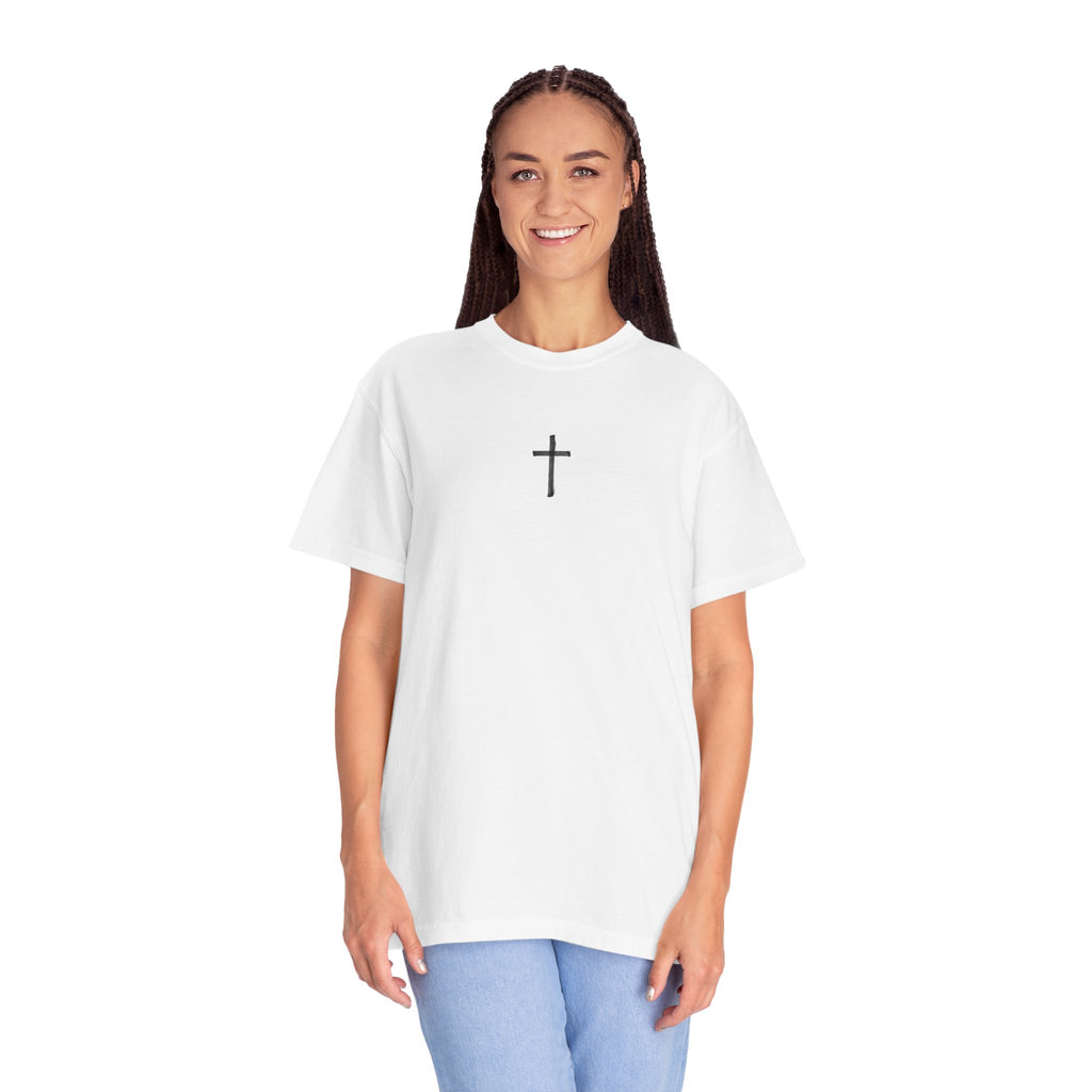 Christian Cross T-Shirt — Illustrated Bible Back Print with James 1:5 Quote