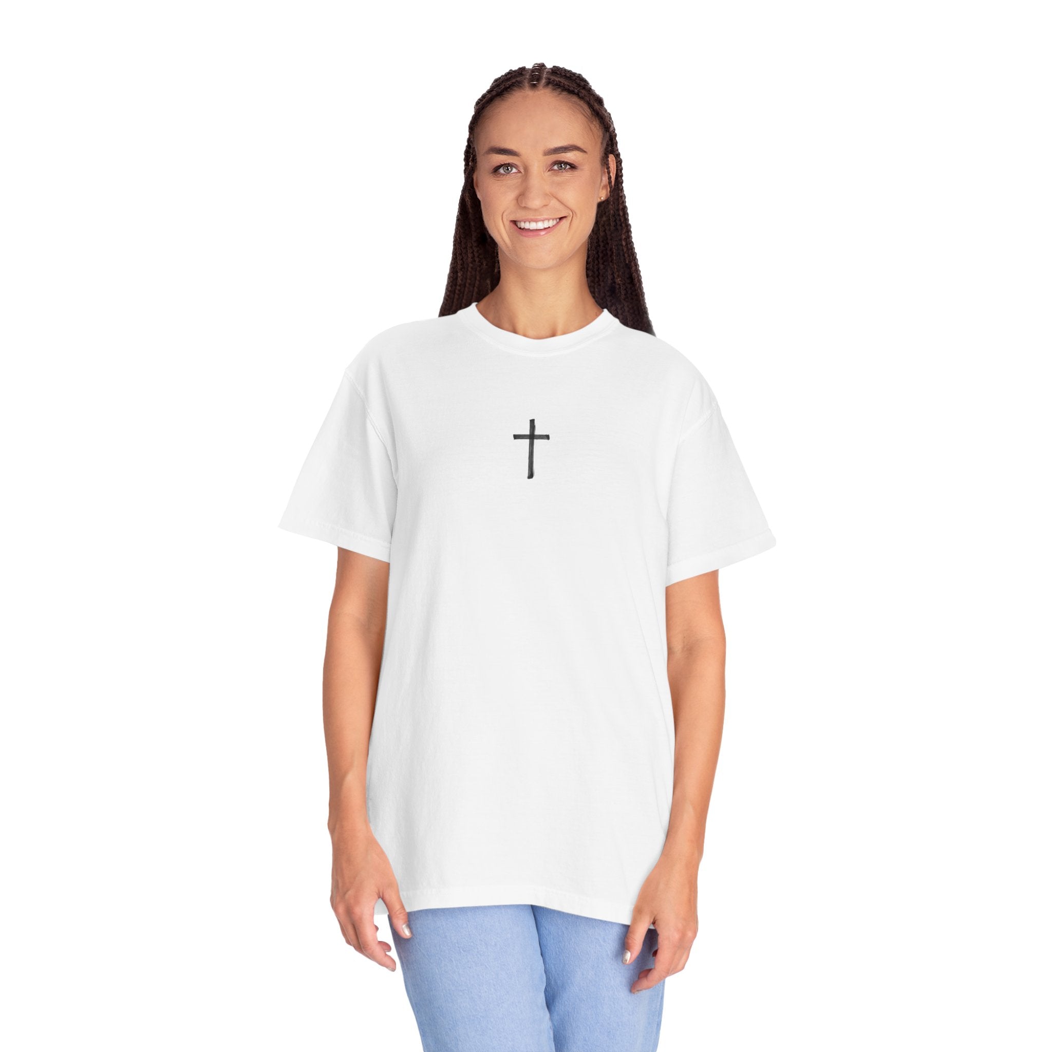 Christian Cross T-Shirt — Illustrated Bible Back Print with James 1:5 Quote