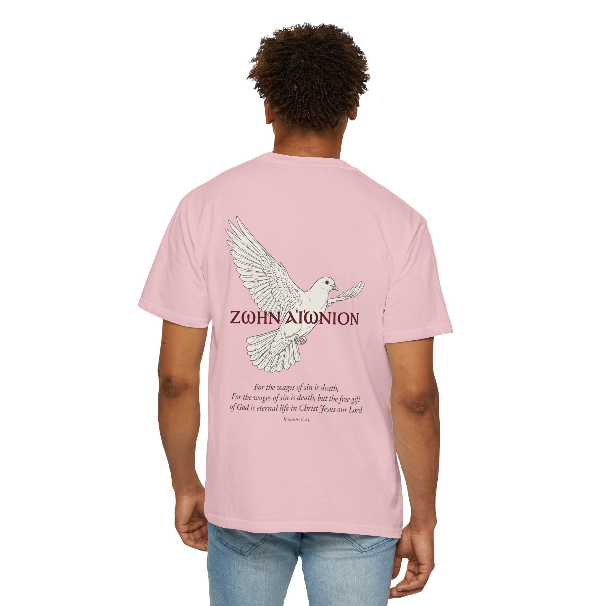 Christian Dove T-Shirt — Three Crosses Front & Dove Back with Scripture