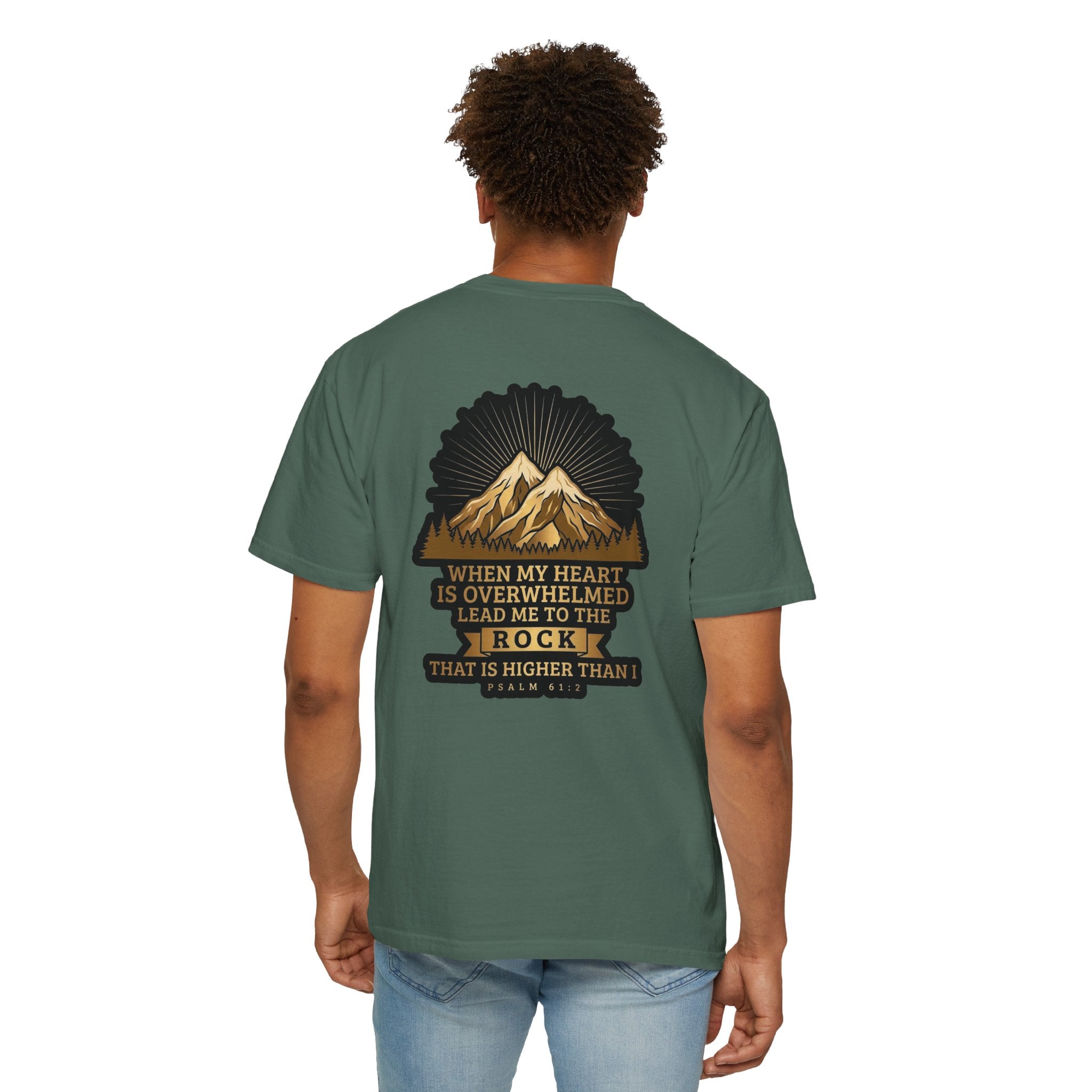 Christian T-Shirt — "When My Heart Is Overwhelmed" Psalm 61:2 Mountain Cross Tee