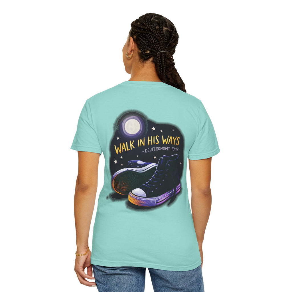 Walk in His Ways T-Shirt — Faith Cross Tee with Moonlit Sneakers (Deuteronomy 10:12)