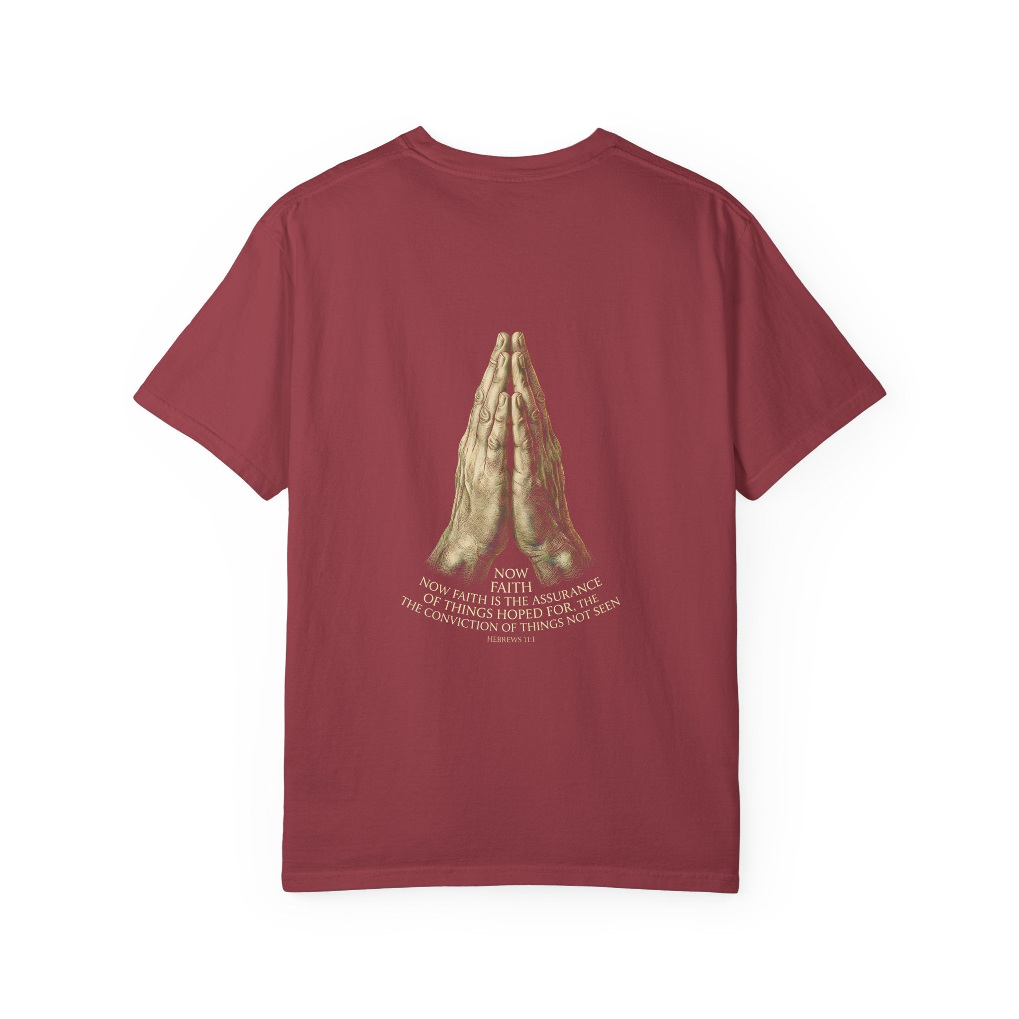 Prayer Hands Cross T‑Shirt — Christian Faith Tee with Back Scripture Design