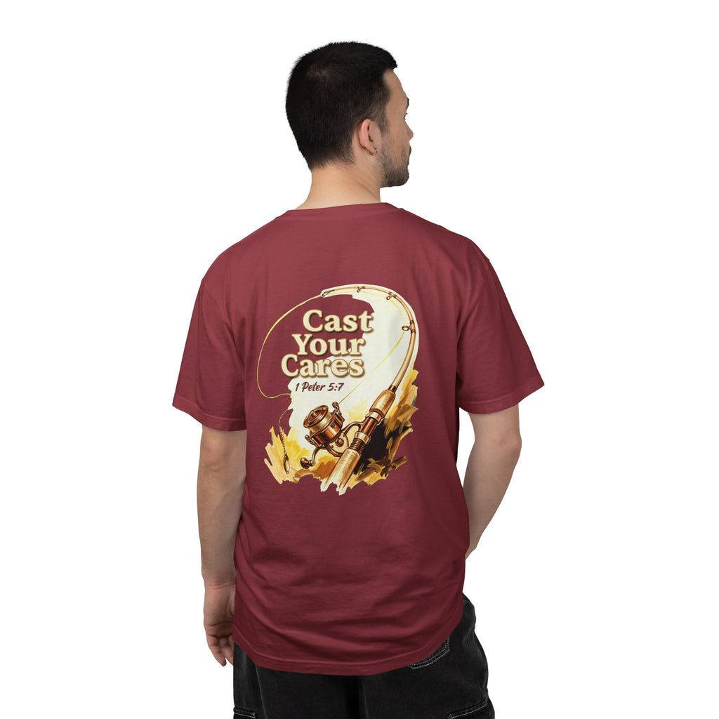 Cast Your Cares T-Shirt — Christian Fishing Cross Graphic Tee (1 Peter 5:7)