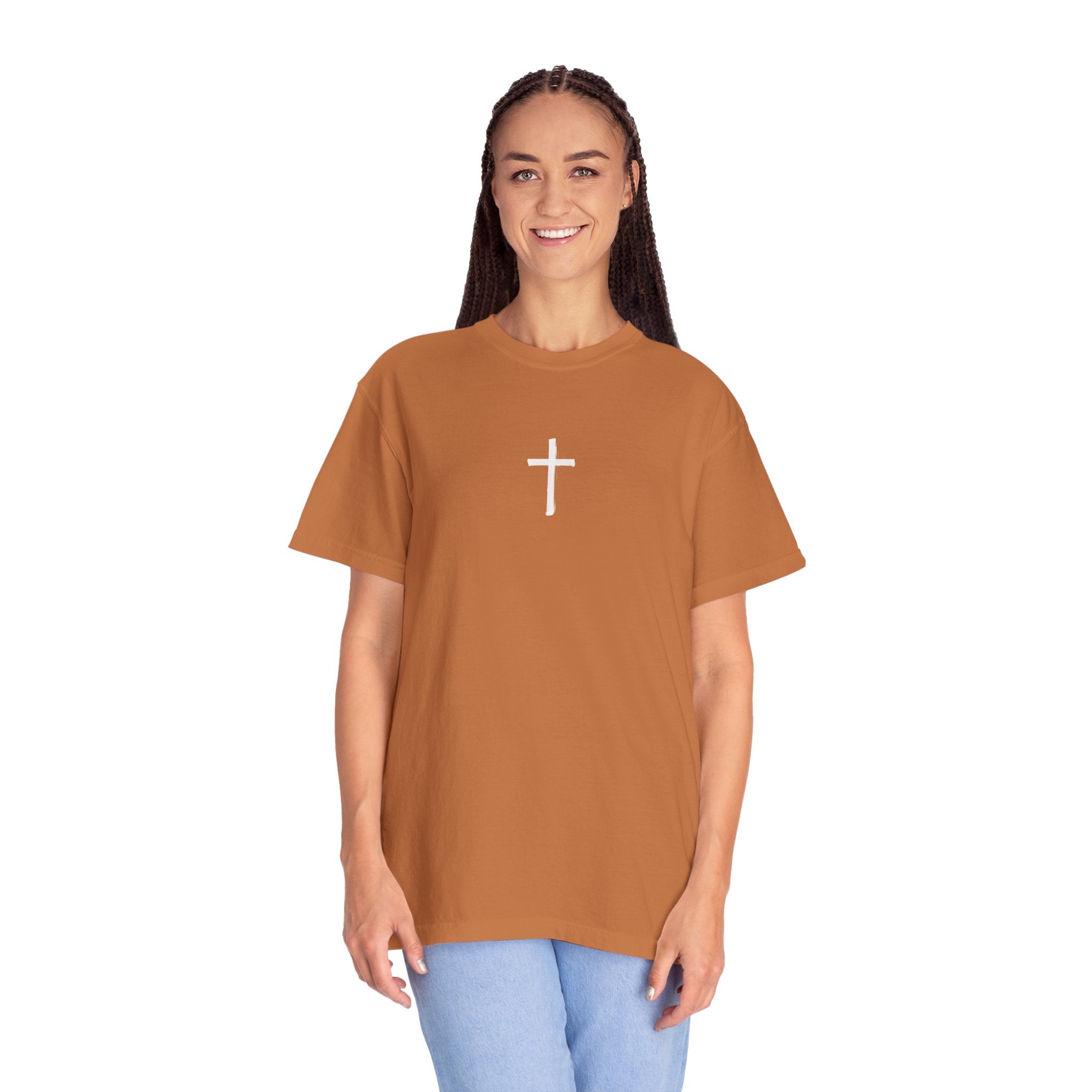 Christian Cross T-Shirt — "The harvest is plentiful, but the laborers are few" Back Graphic
