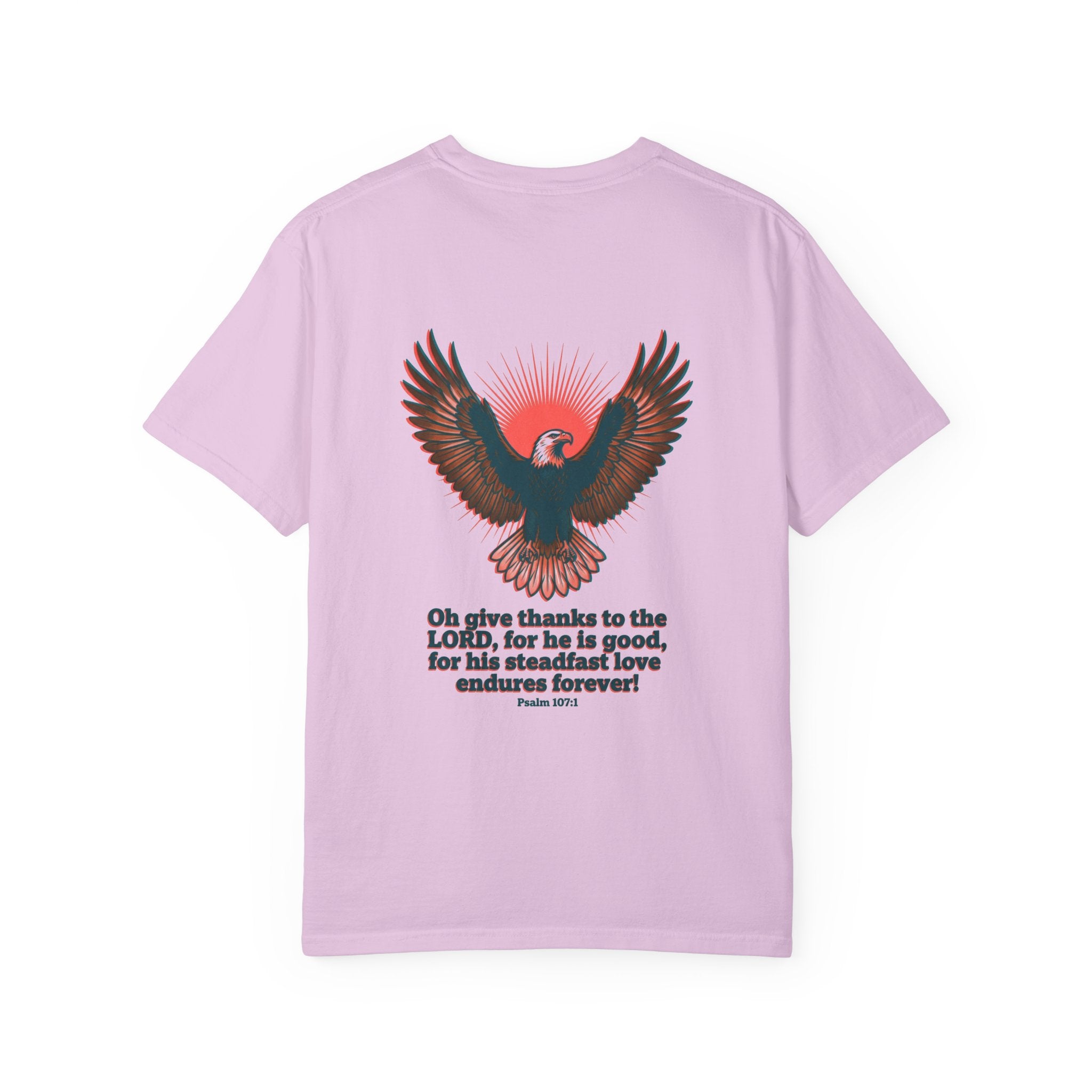 Christian Cross T-Shirt — Eagle Back Print with Psalm 107:1