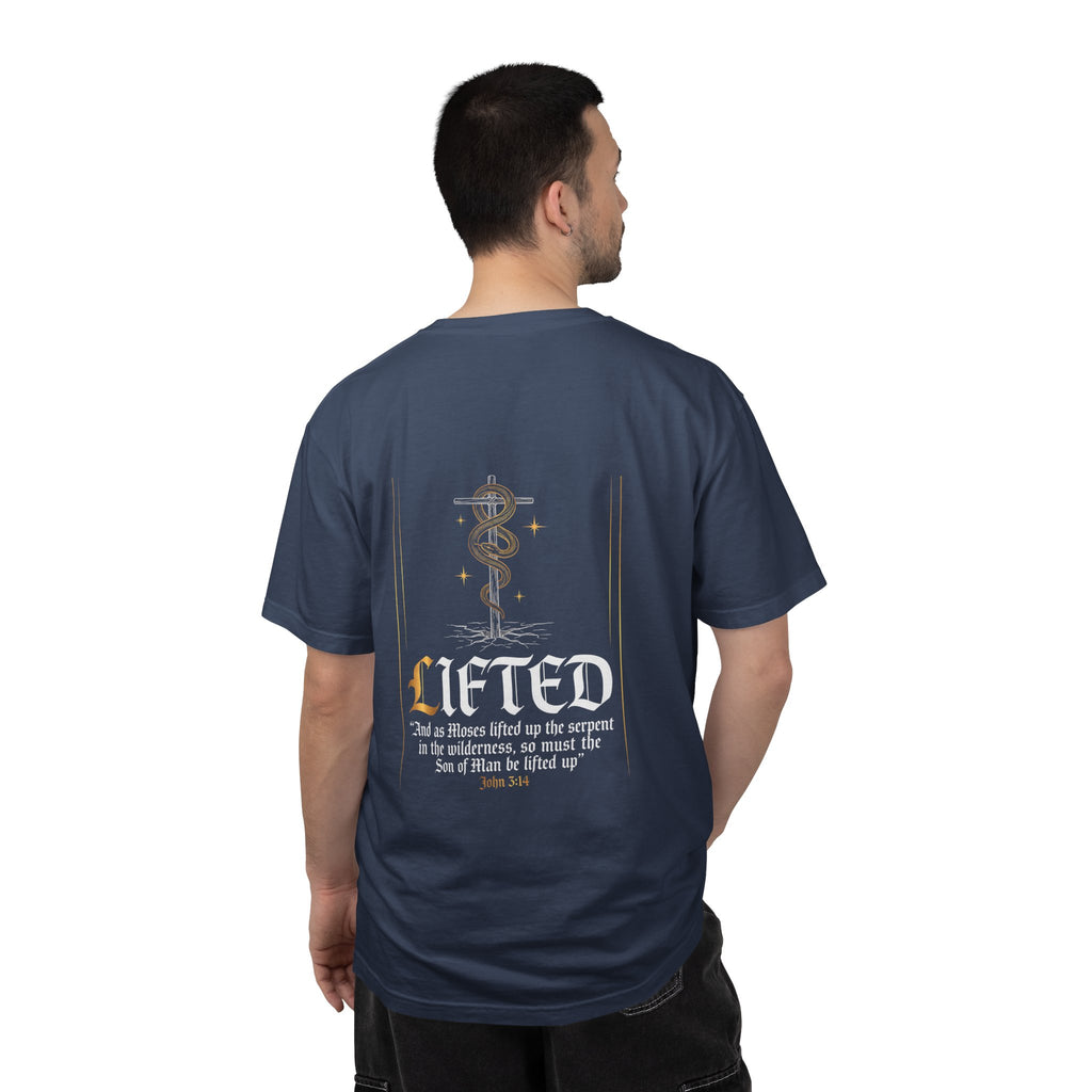 Christian Cross T-Shirt — "Lifted" Inspirational Gospel Tee with Scripture Back Design