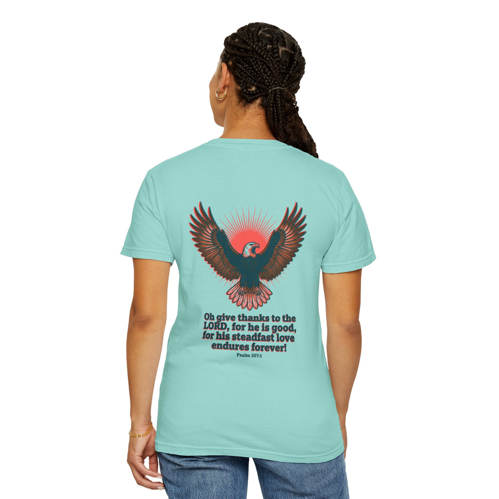 Christian Cross T-Shirt — Eagle Back Print with Psalm 107:1