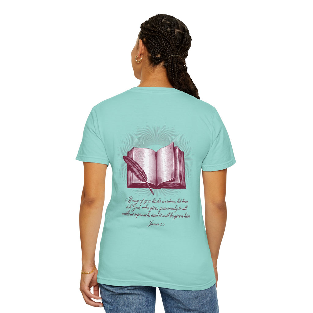 Christian Cross T-Shirt — Illustrated Bible Back Print with James 1:5 Quote