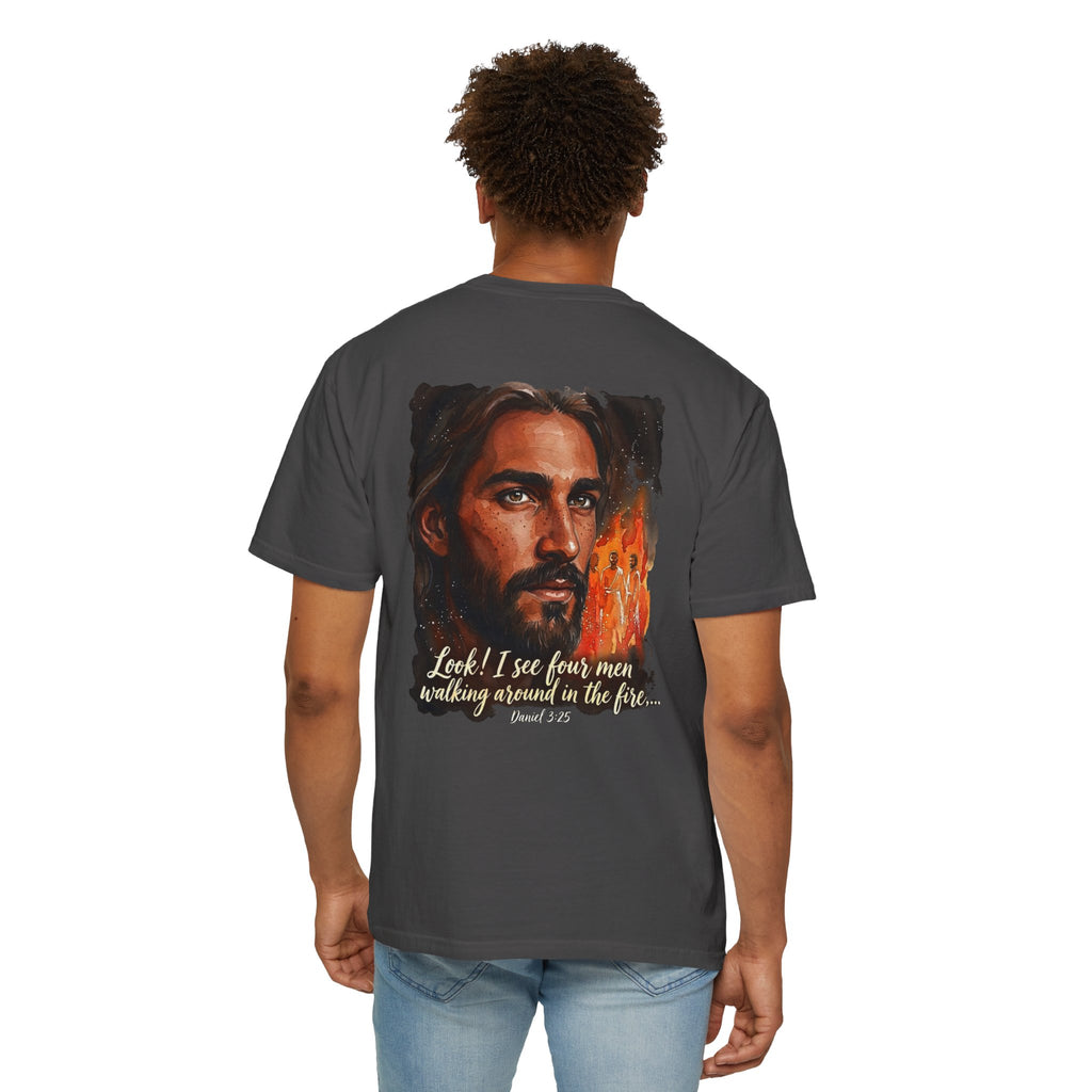 Christian T-Shirt — Jesus with Three Crosses & Daniel 3:25 Verse Back Print