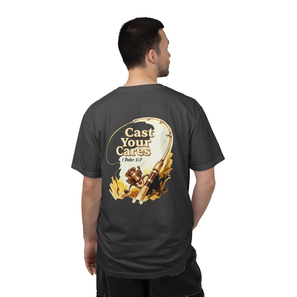 Cast Your Cares T-Shirt — Christian Fishing Cross Graphic Tee (1 Peter 5:7)