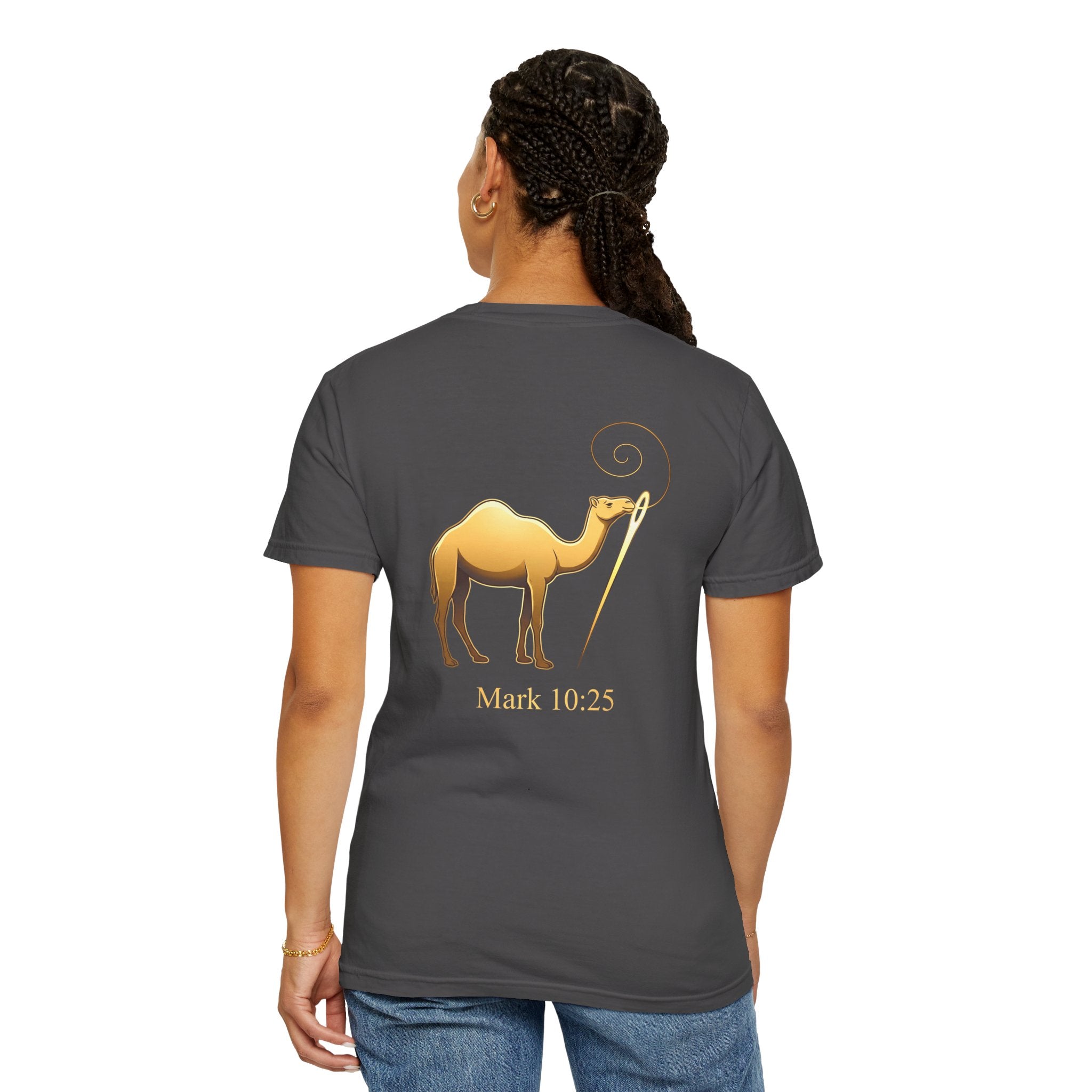Christian Cross T-Shirt with Gold Camel & "Mark 10:25" Back — Religious Faith Tee