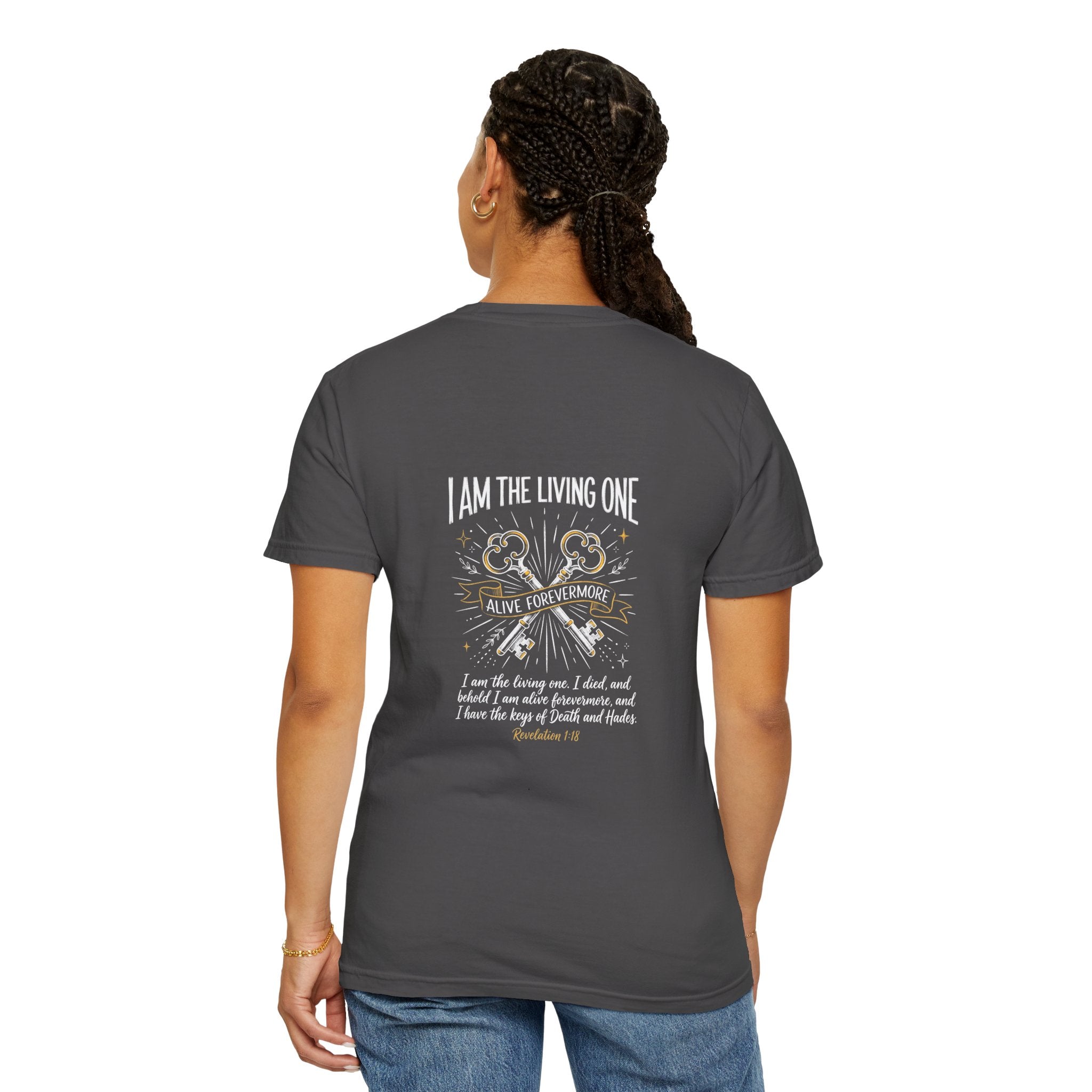 Christian Cross T-Shirt — “I Am the Living One” Scripture Back Graphic