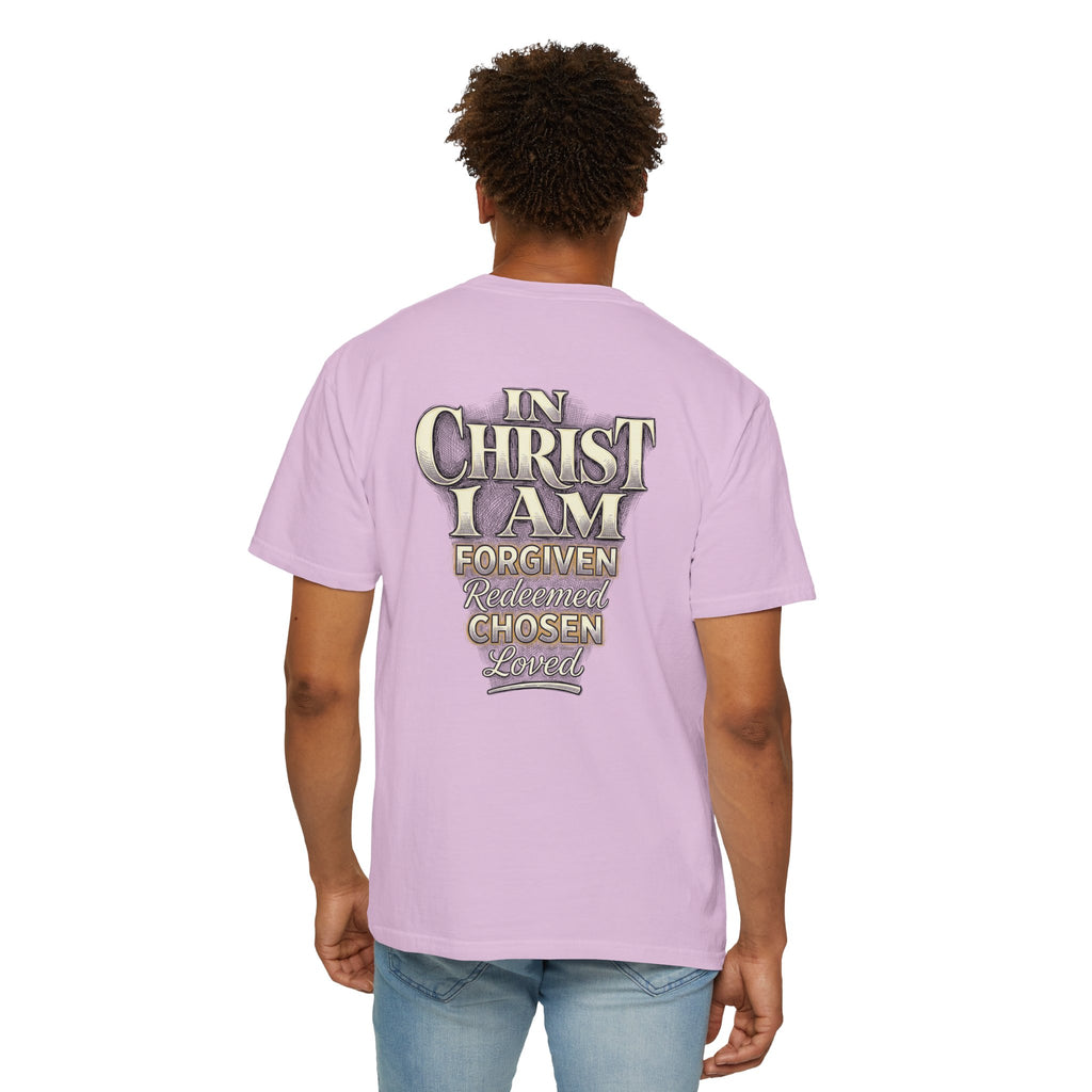 Christian Cross T-Shirt — "In Christ I Am Forgiven, Redeemed, Chosen" Faith Tee