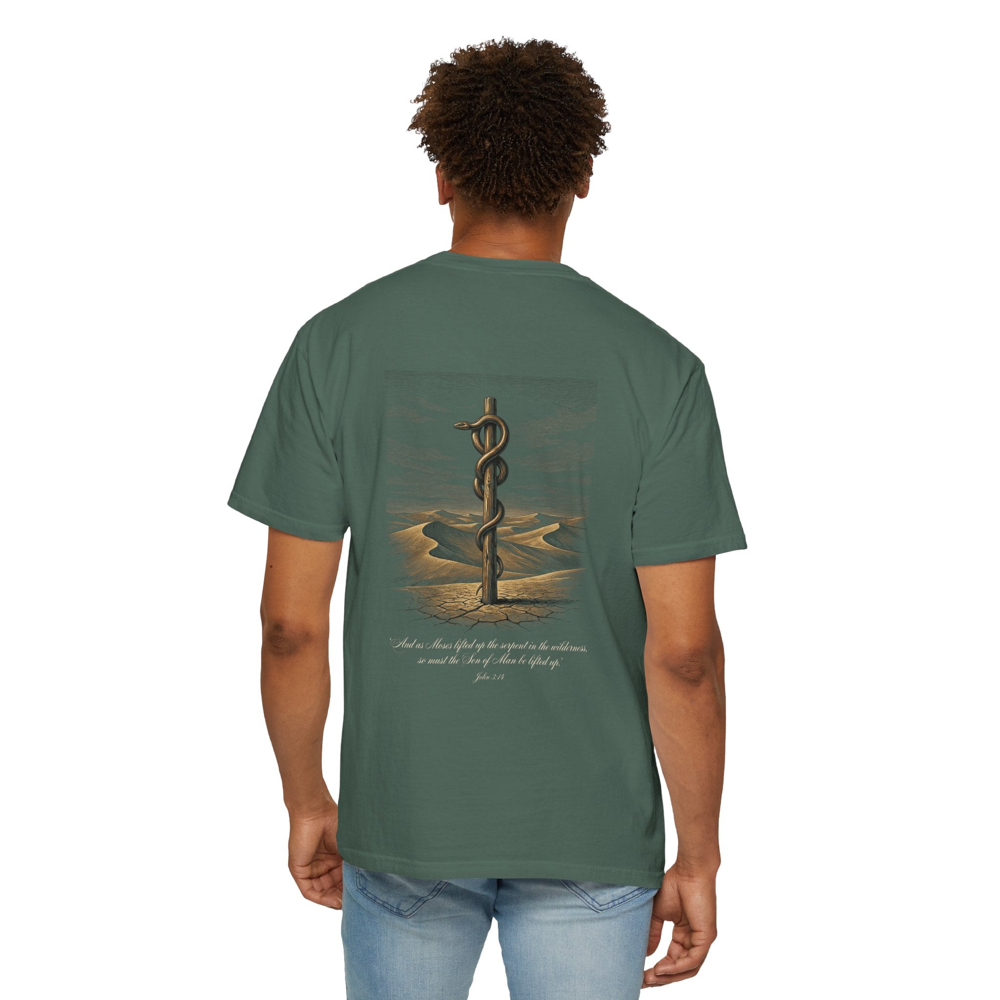 Christian Cross T-Shirt — Biblical Staff of Moses Desert Design with Scripture