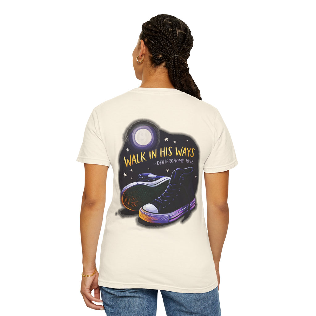 Walk in His Ways T-Shirt — Faith Cross Tee with Moonlit Sneakers (Deuteronomy 10:12)