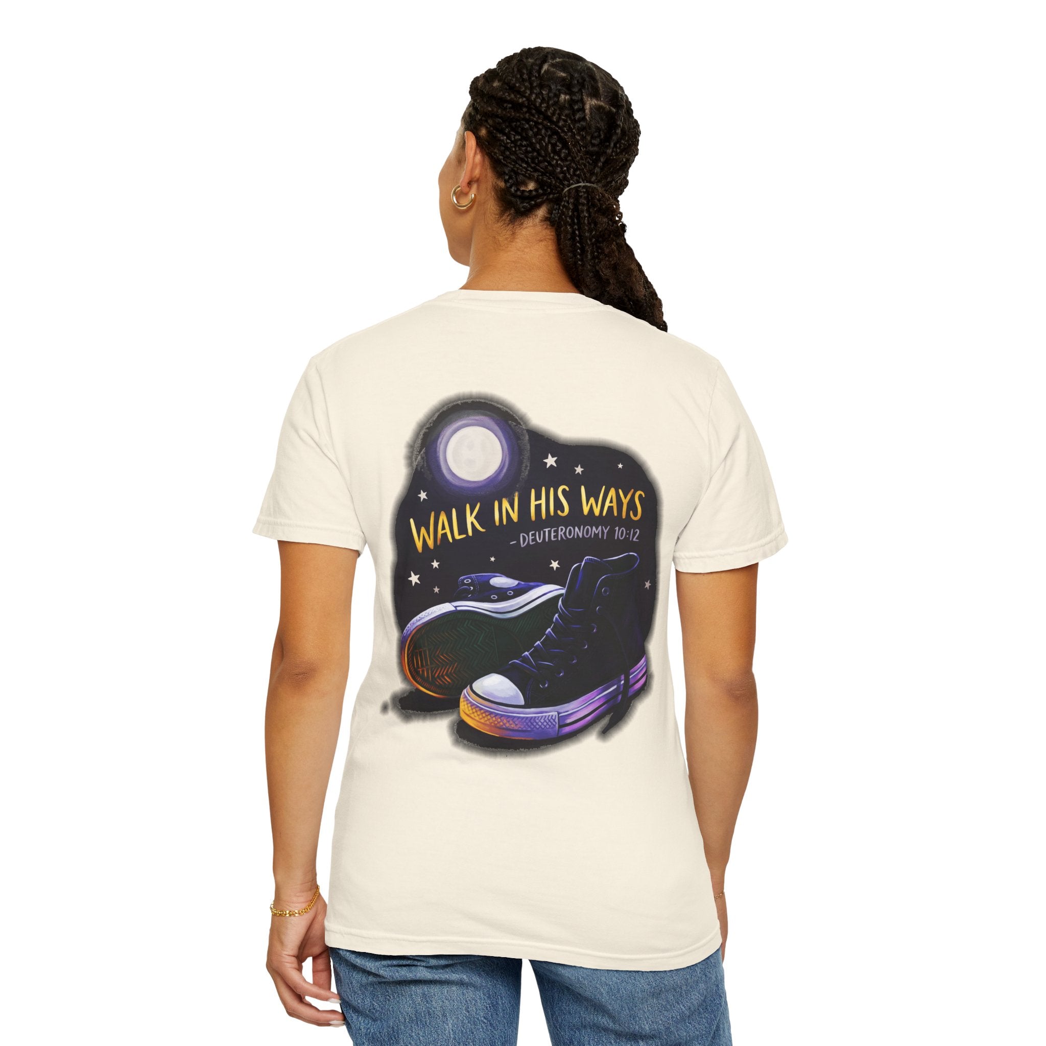 Walk in His Ways T-Shirt — Faith Cross Tee with Moonlit Sneakers (Deuteronomy 10:12)