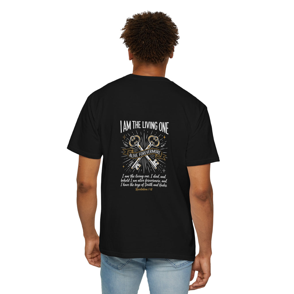 Christian Cross T-Shirt — “I Am the Living One” Scripture Back Graphic