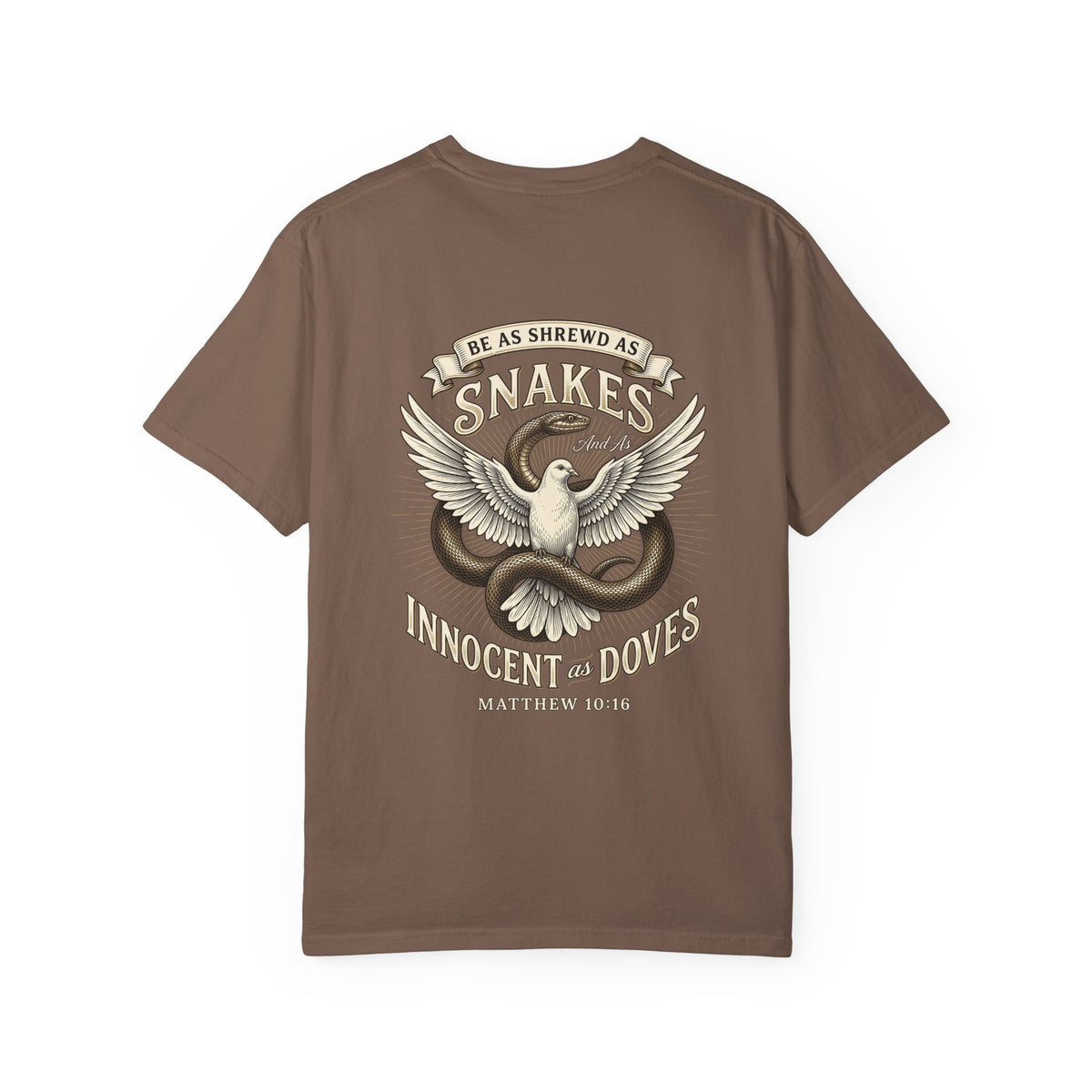 Christian Cross T-Shirt — "Be as Shrewd as Snakes, Innocent as Doves" Graphic Tee (Matthew 10:16)