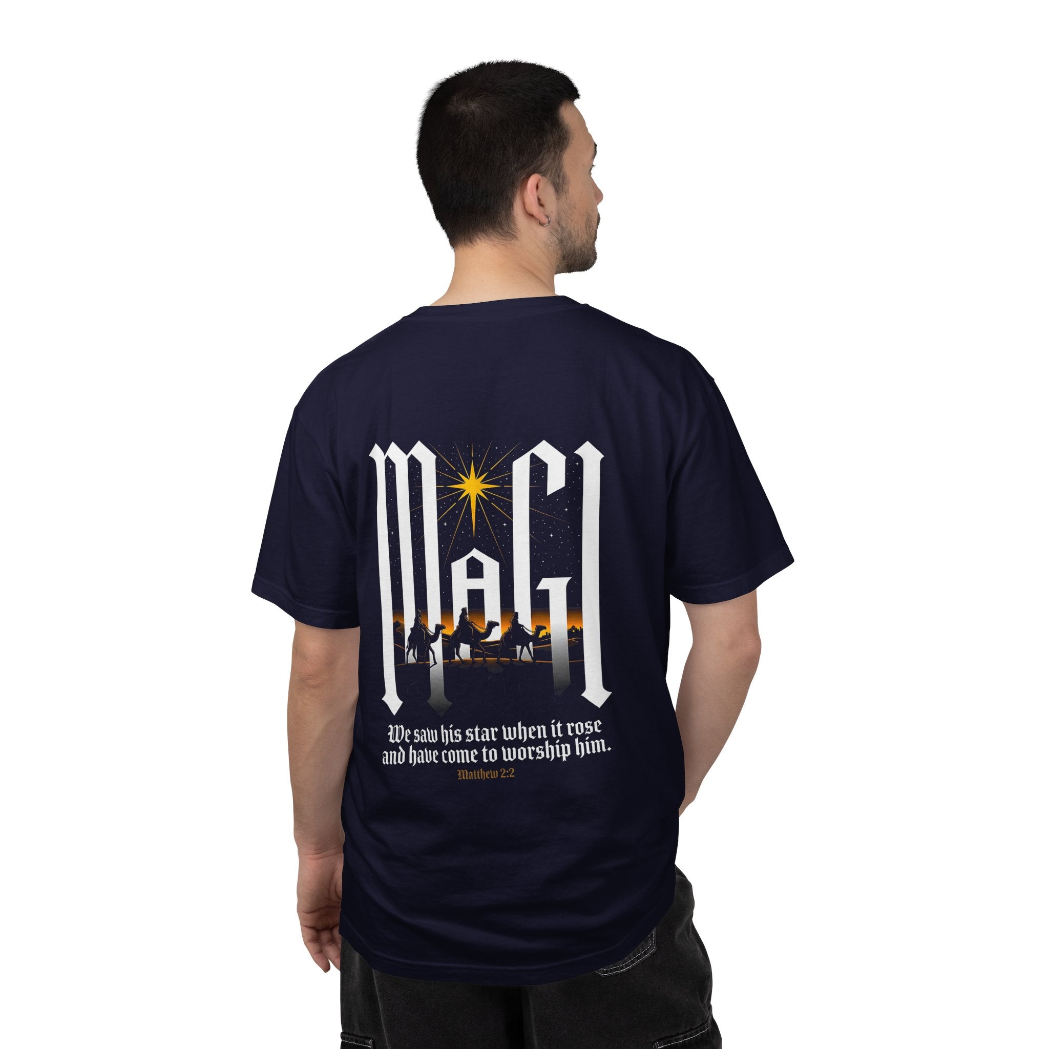 Christian Cross T-Shirt — 'We Saw His Star' Nativity Backprint Tee