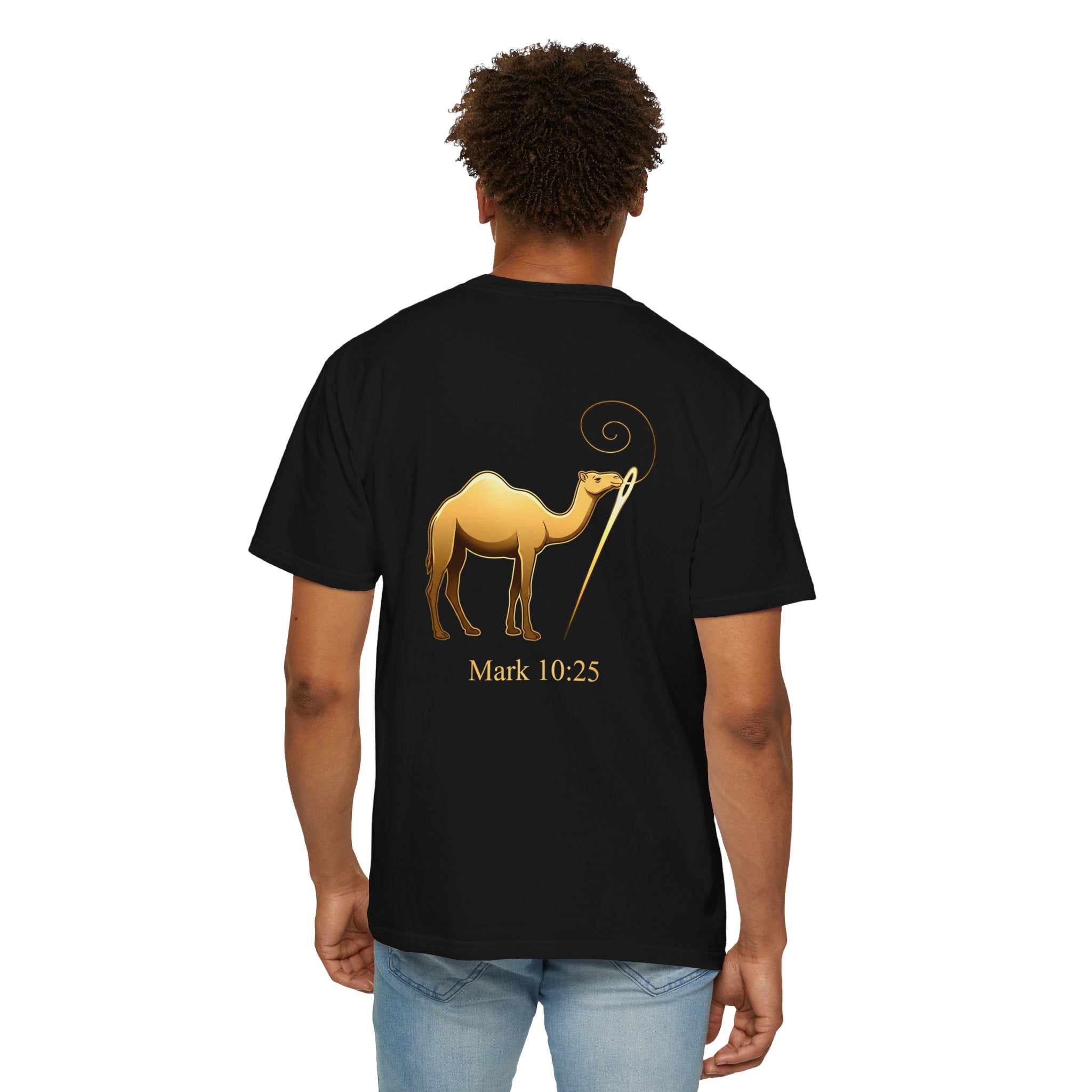 Christian Cross T-Shirt with Gold Camel & "Mark 10:25" Back — Religious Faith Tee