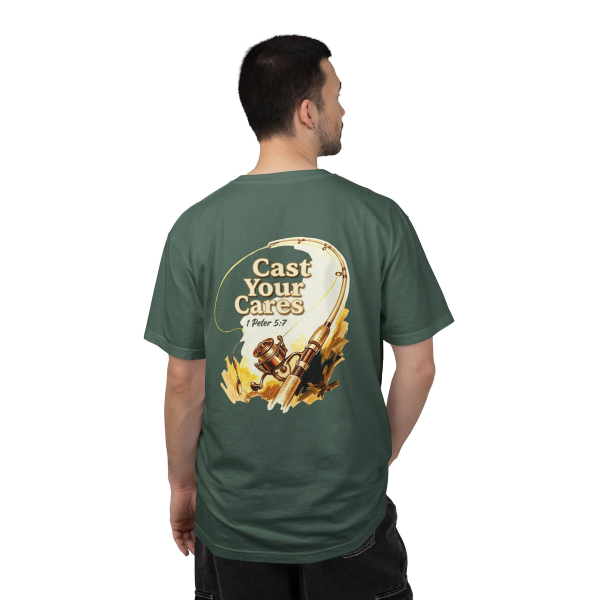 Cast Your Cares T-Shirt — Christian Fishing Cross Graphic Tee (1 Peter 5:7)