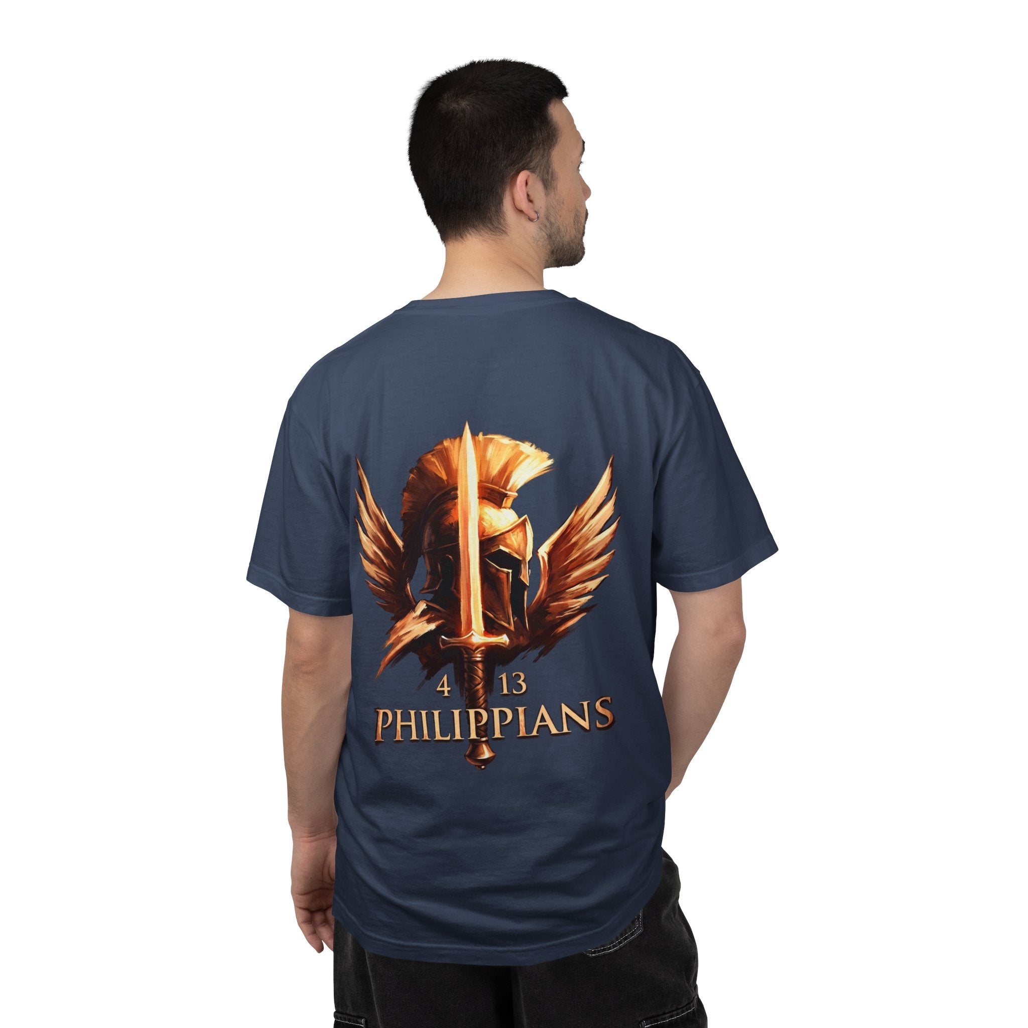 Christian Philippians 4:13 T-Shirt — Warrior Helmet Cross Graphic Tee