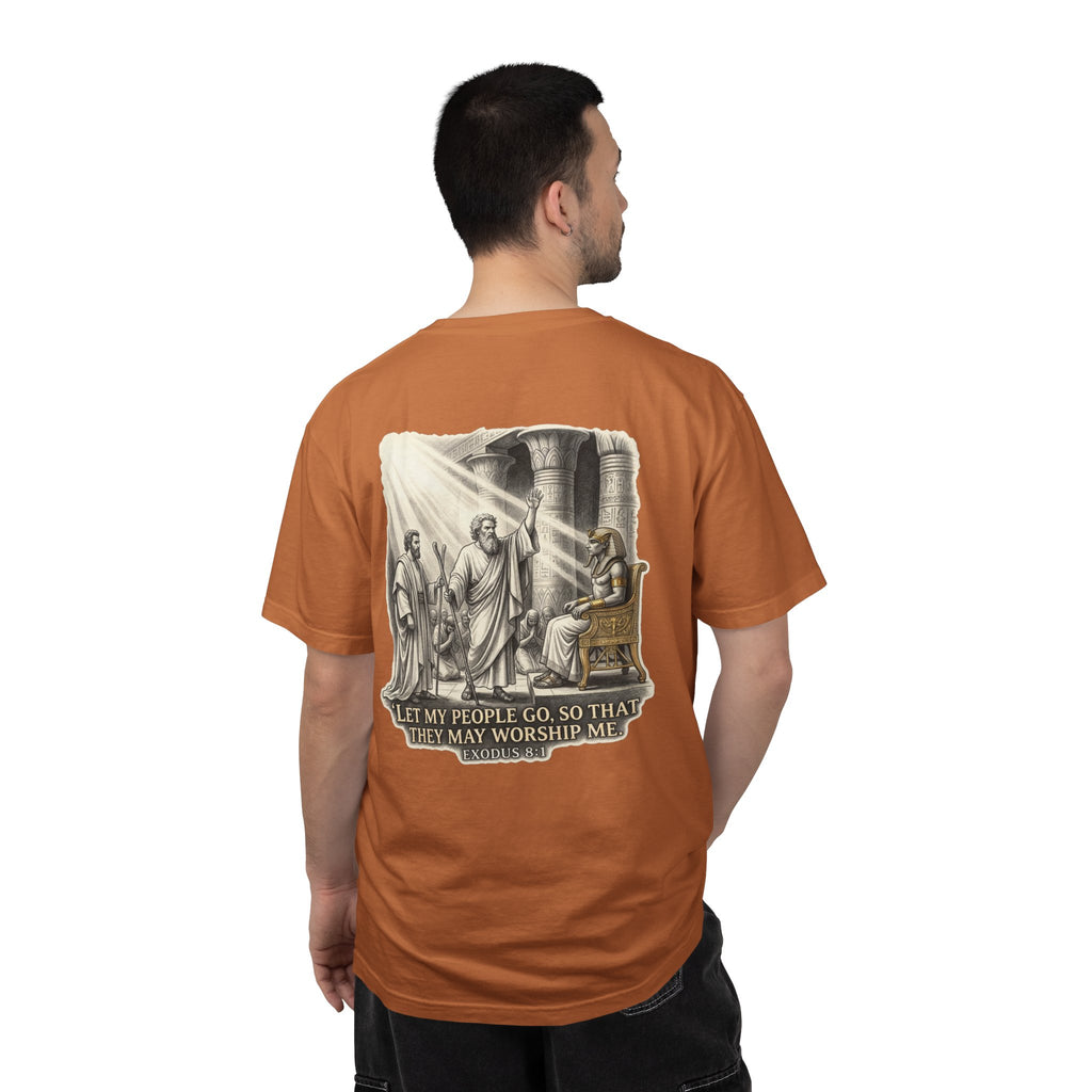 Religious T-Shirt — Small Cross Front & 'Let My People Go' Back Graphic