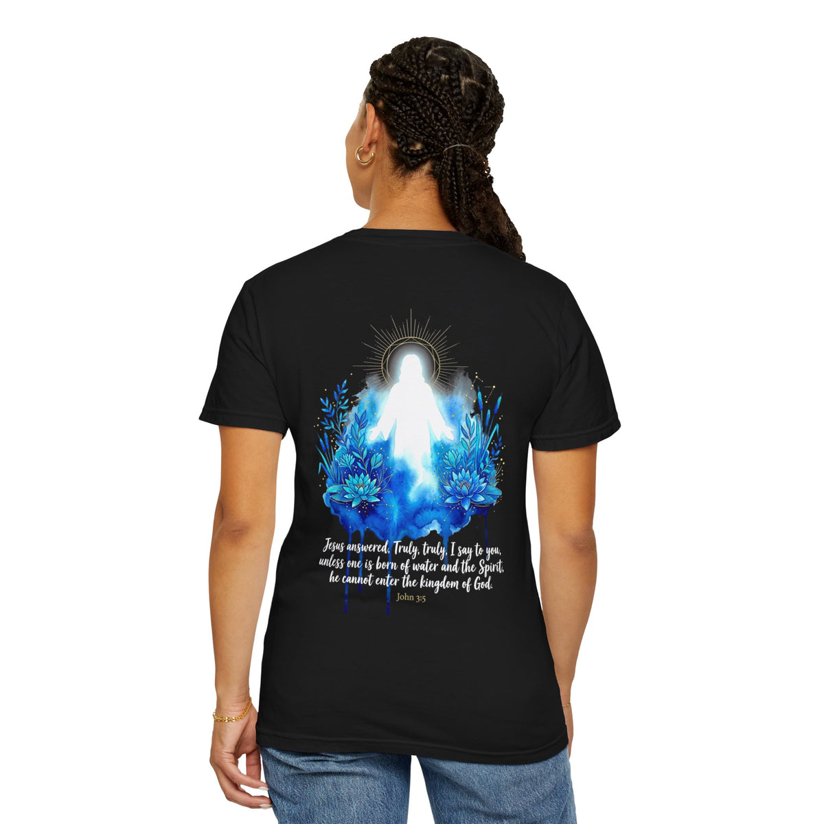 Christian T-Shirt — White Cross Front & Glowing Jesus Back with Blue Flowers (Religious Faith Tee)