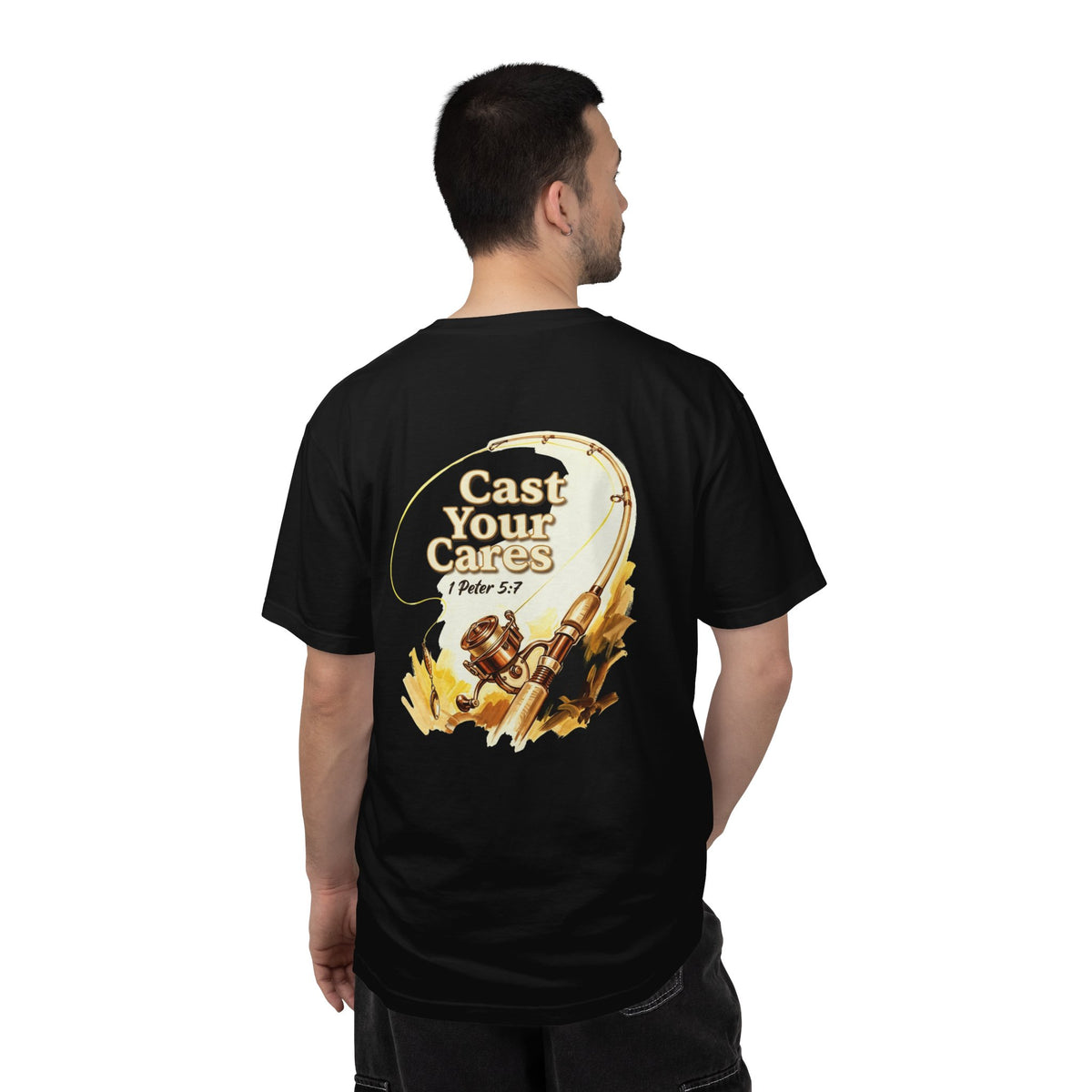 Cast Your Cares T-Shirt — Christian Fishing Cross Graphic Tee (1 Peter 5:7)
