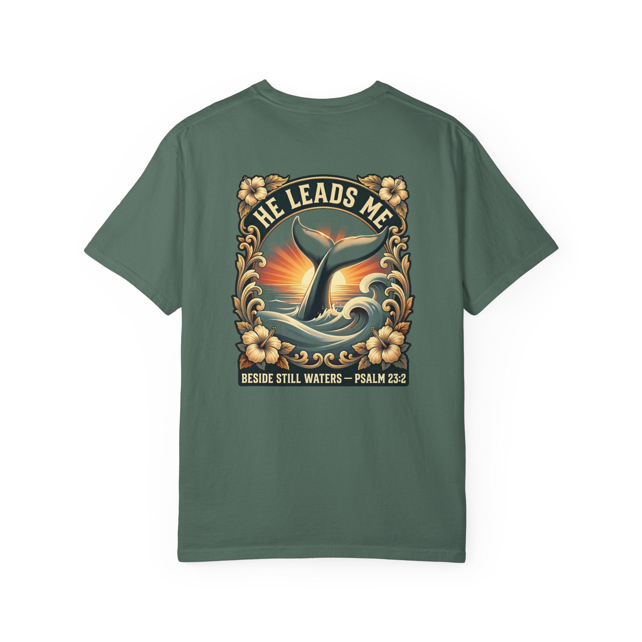 Christian Cross T-Shirt — "He Leads Me" Whale Psalm 23:2 Graphic Tee