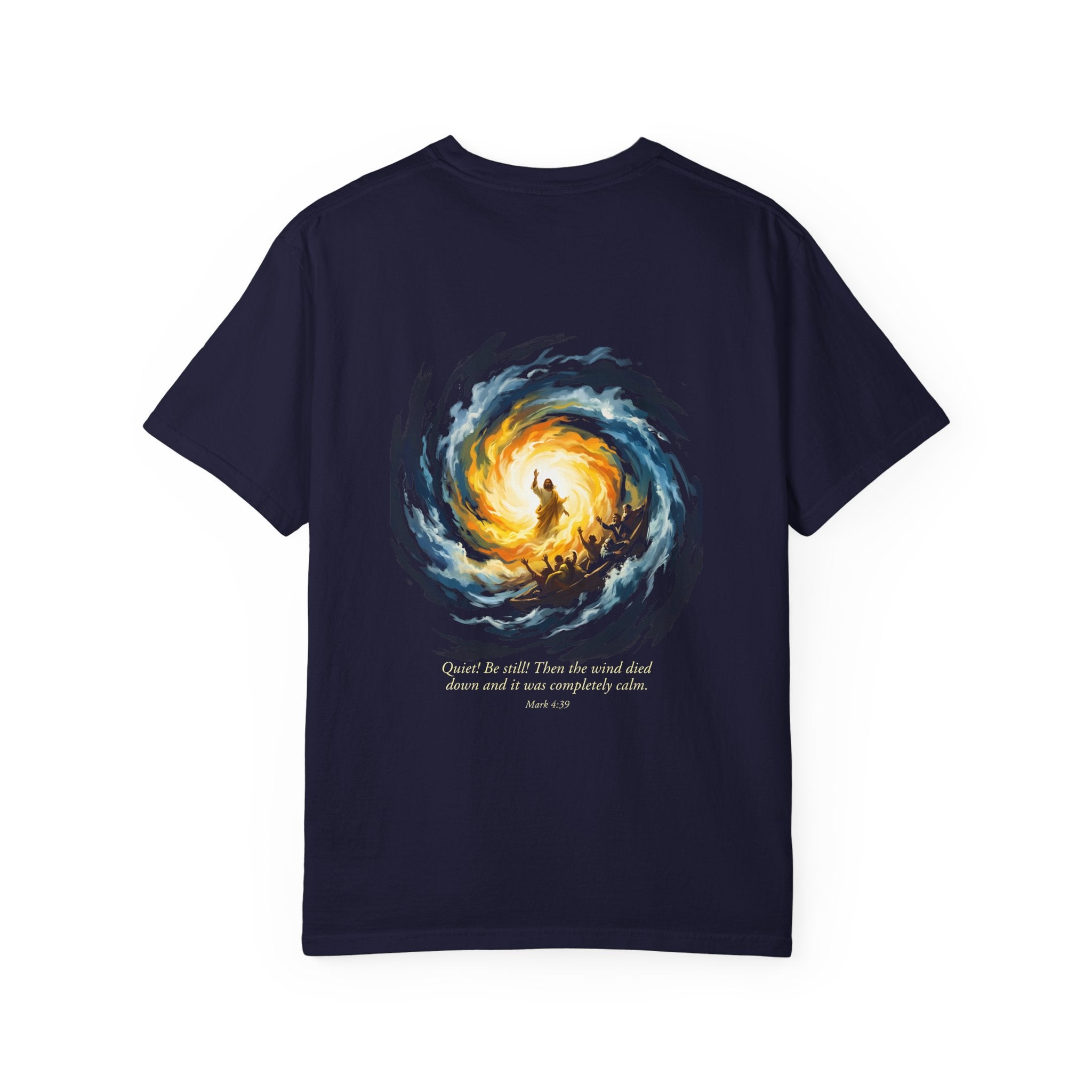 Christian T‑Shirt — Small Chest Cross & 'Quiet Be Still' Scripture Back Design