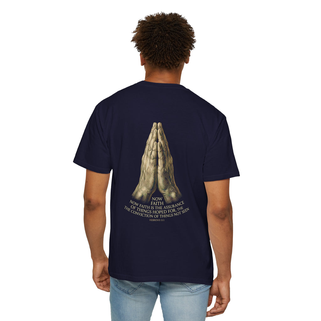Prayer Hands Cross T‑Shirt — Christian Faith Tee with Back Scripture Design