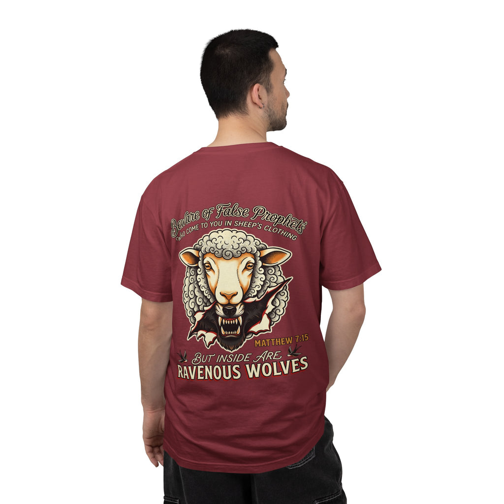 Ravenous Wolves Sheep Graphic T-Shirt — Matthew 7:15 Christian Cross Tee
