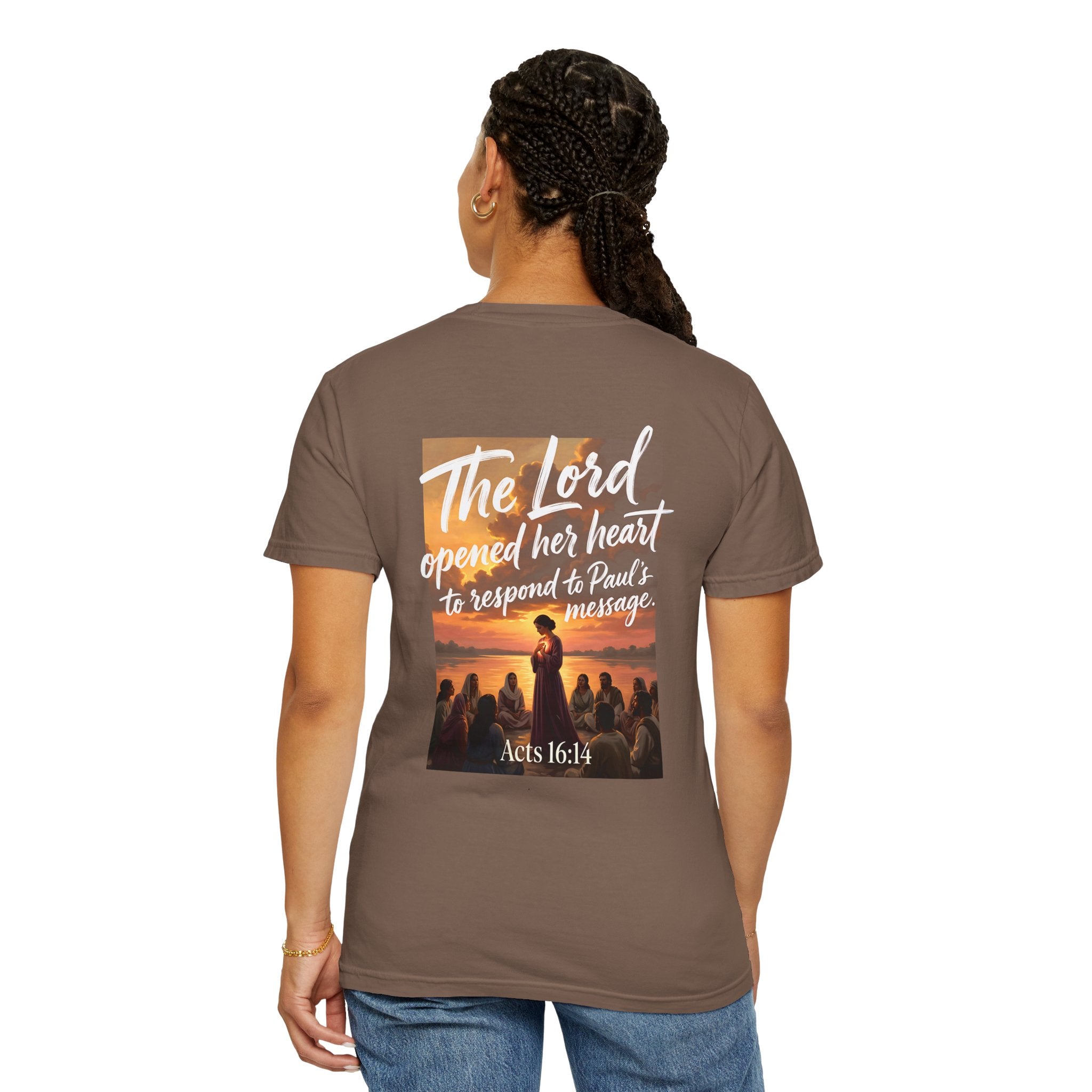 Christian T-Shirt — "The Lord opened her heart to respond to Paul's message" (Acts 16:14)