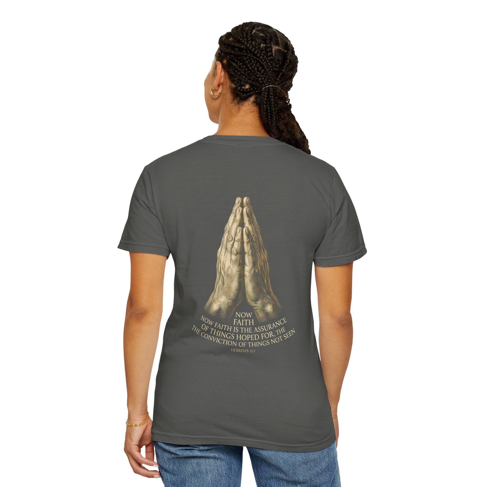 Prayer Hands Cross T‑Shirt — Christian Faith Tee with Back Scripture Design