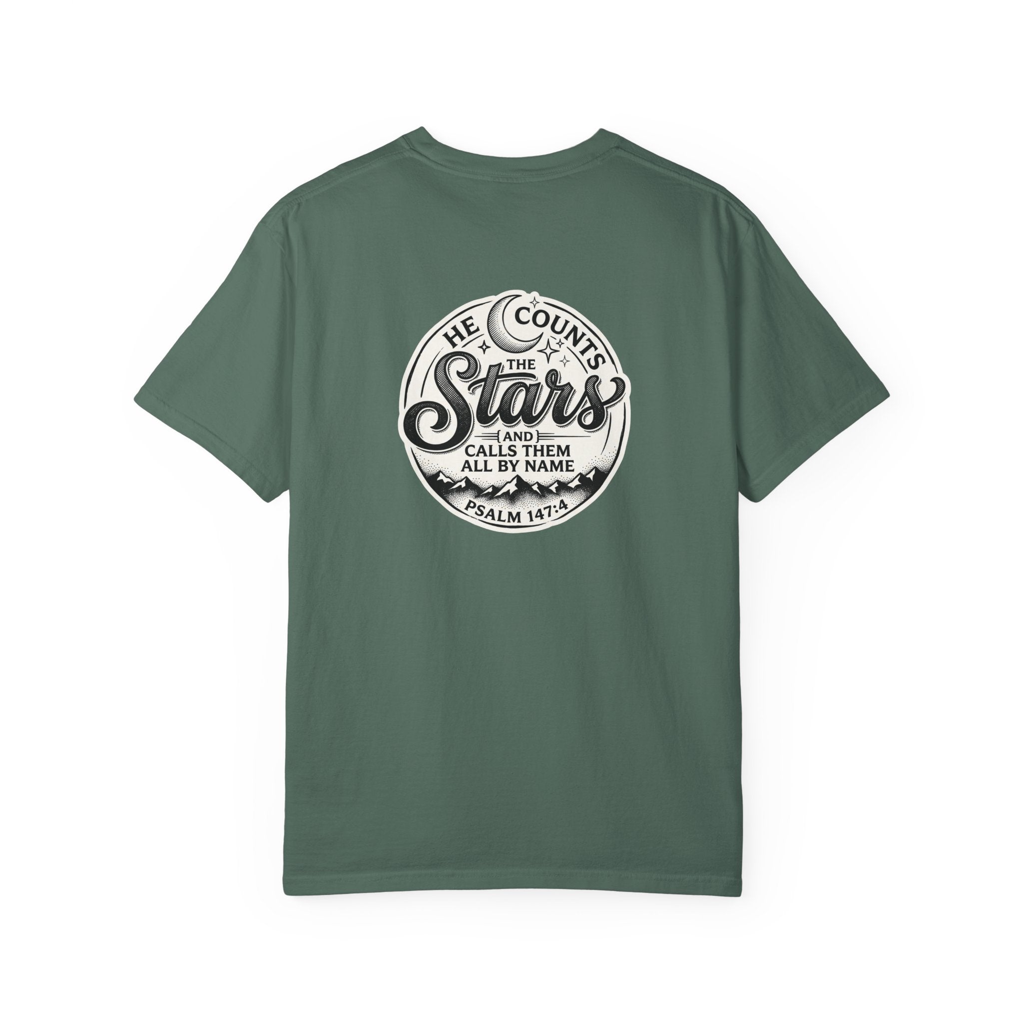 Christian Cross T-Shirt — "He Counts the Stars" Psalm 147:4 Graphic Tee