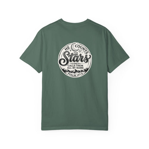 Christian Cross T-Shirt — "He Counts the Stars" Psalm 147:4 Graphic Tee