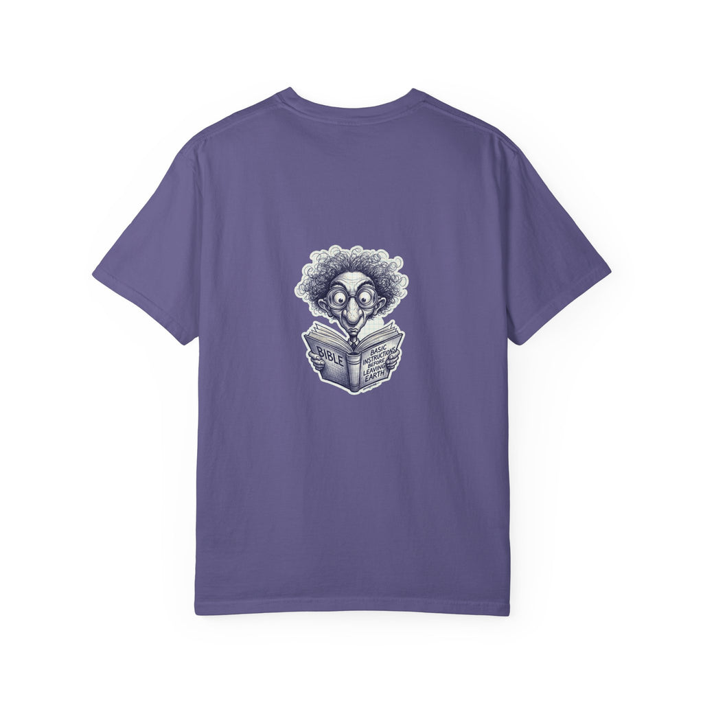 Graphic T-Shirt — Small Cross Front & Whimsical Reader Illustration Back