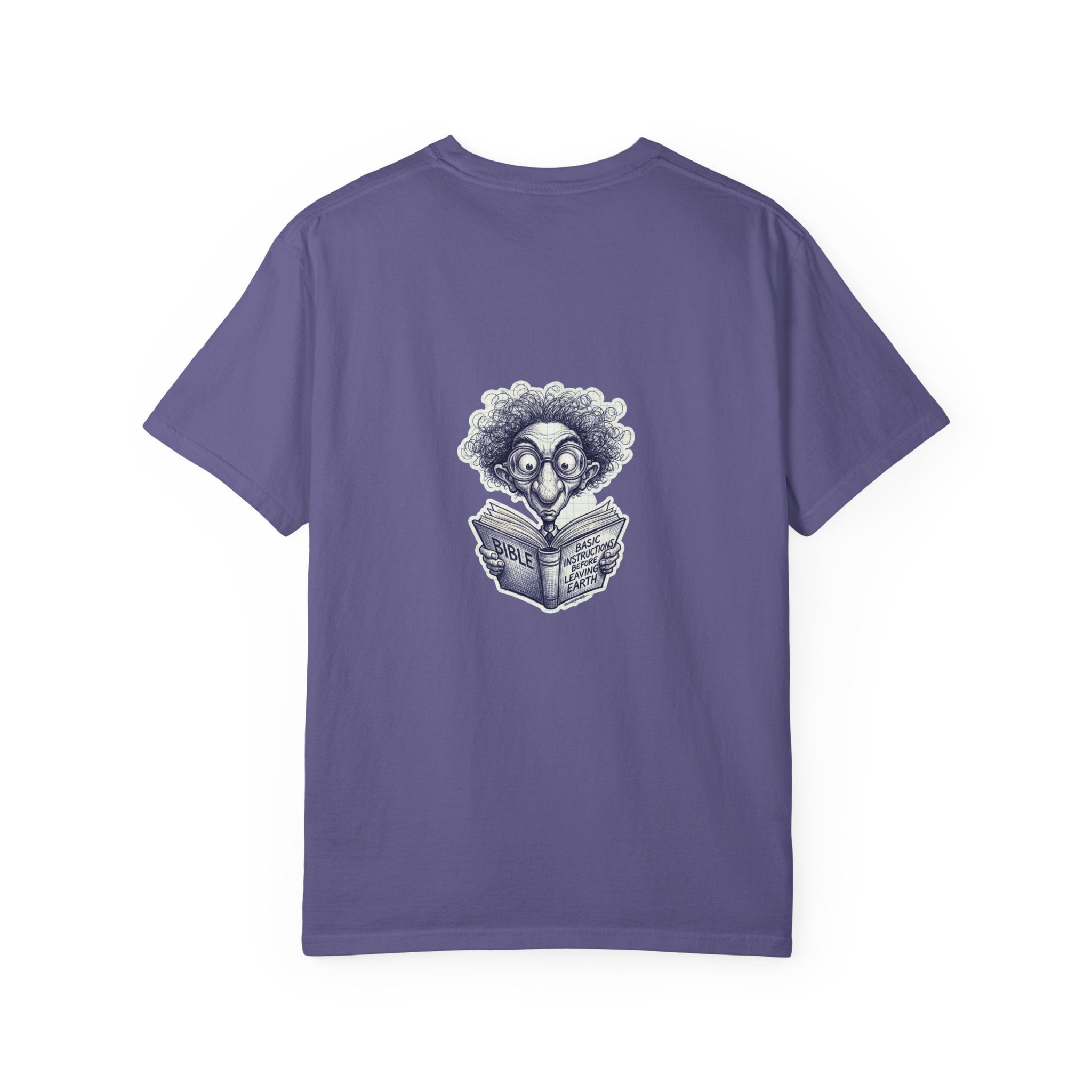 Graphic T-Shirt — Small Cross Front & Whimsical Reader Illustration Back