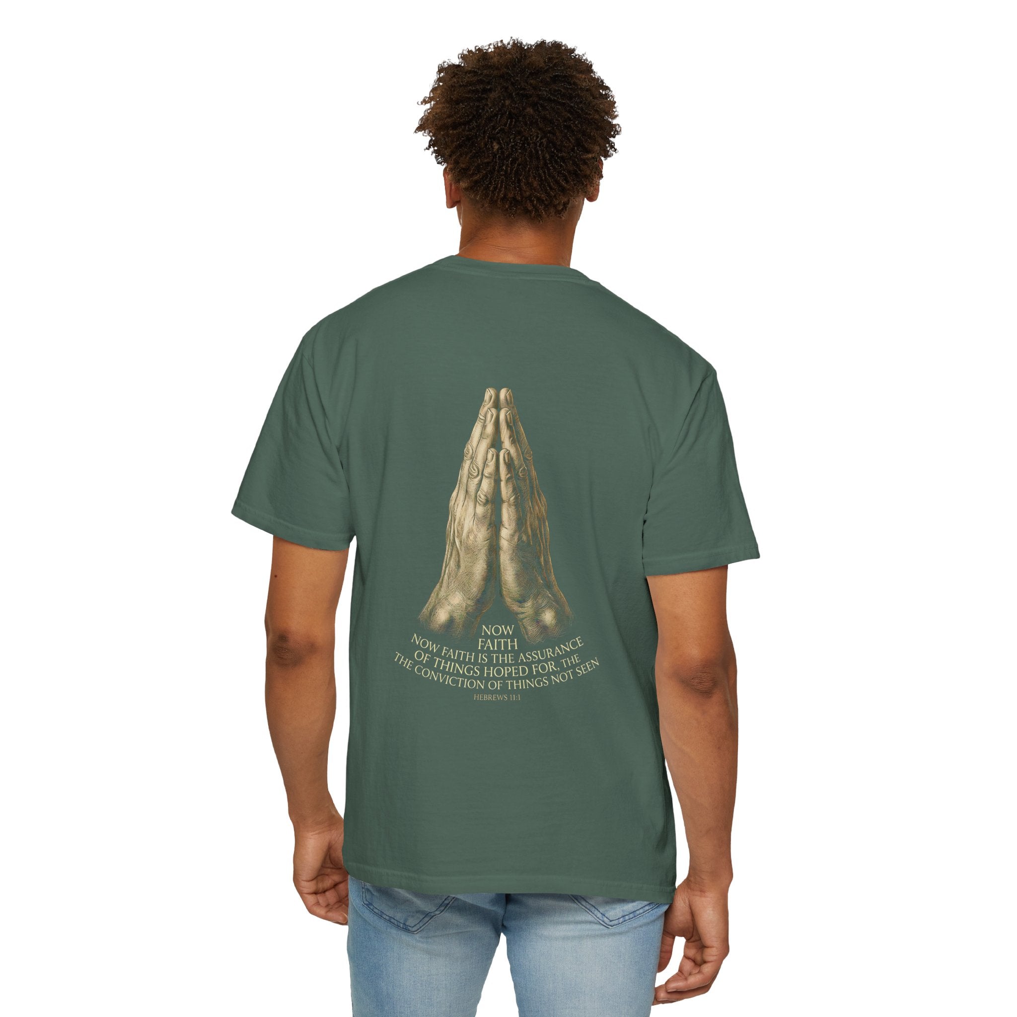 Prayer Hands Cross T‑Shirt — Christian Faith Tee with Back Scripture Design