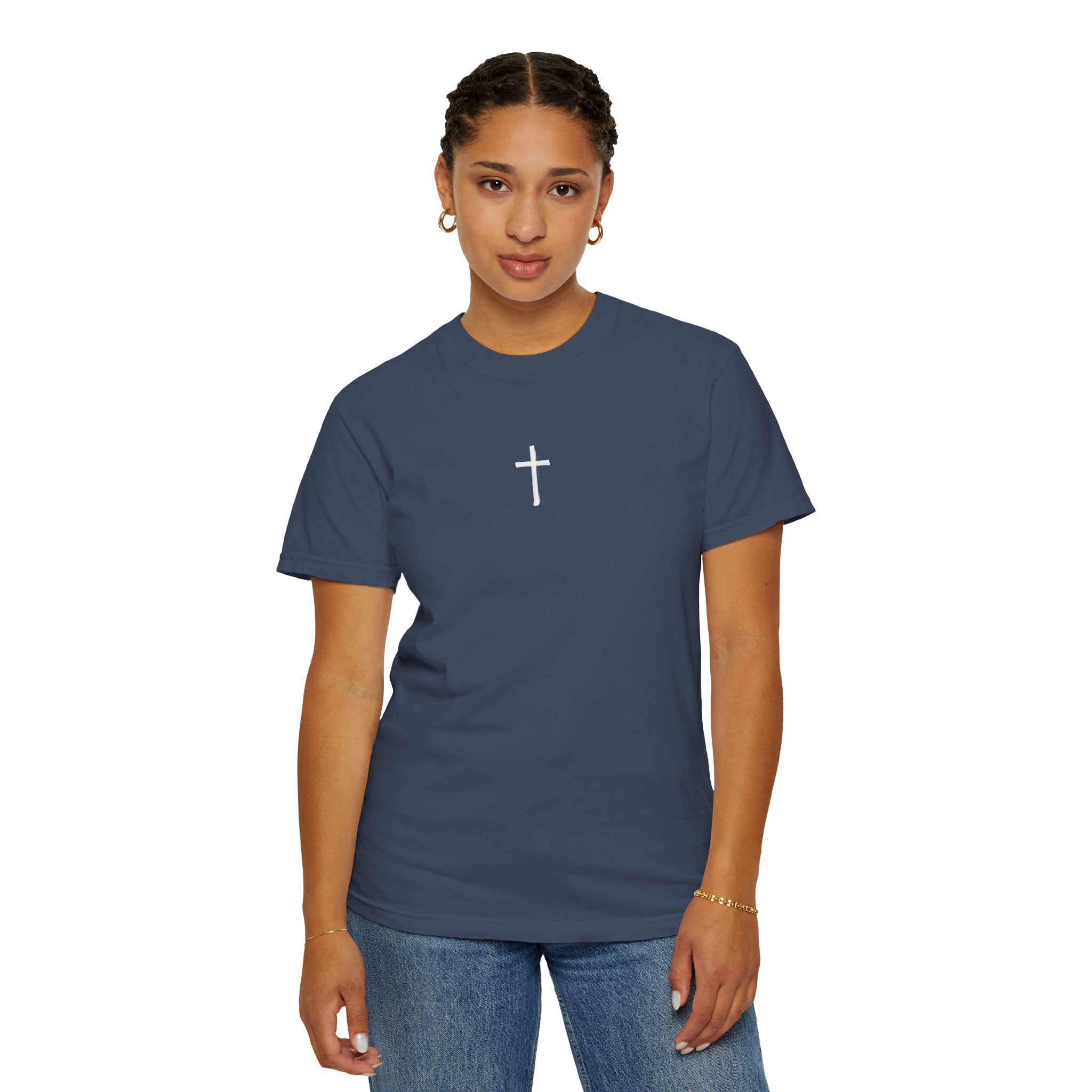 Christian T-Shirt — "When My Heart Is Overwhelmed" Psalm 61:2 Mountain Cross Tee