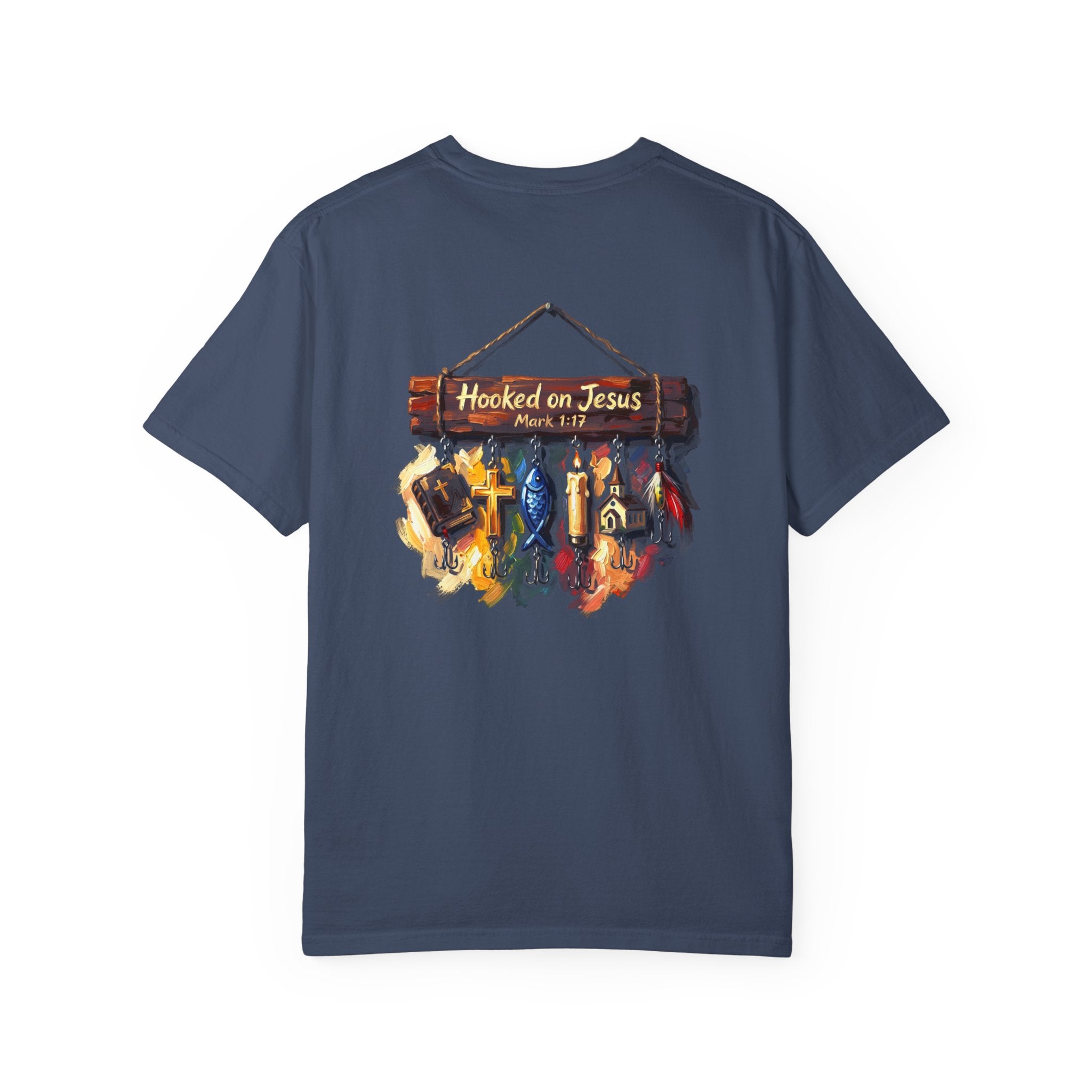 Christian Fishing T-Shirt — “Hooked on Jesus” Graphic Tee with Small Front Cross