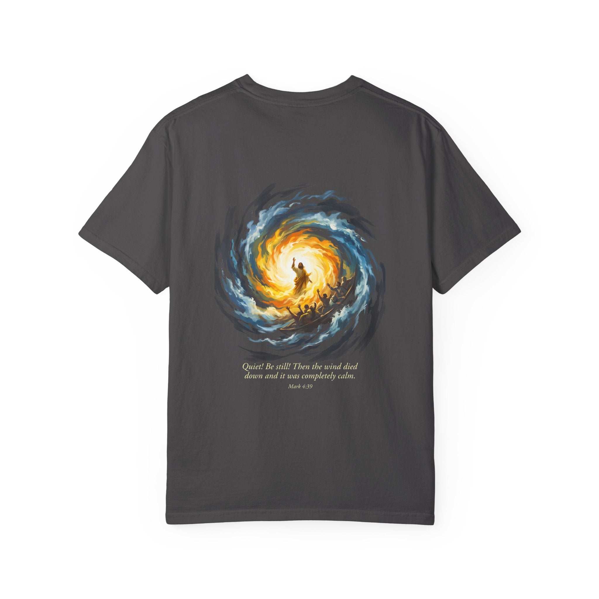 Christian T‑Shirt — Small Chest Cross & 'Quiet Be Still' Scripture Back Design