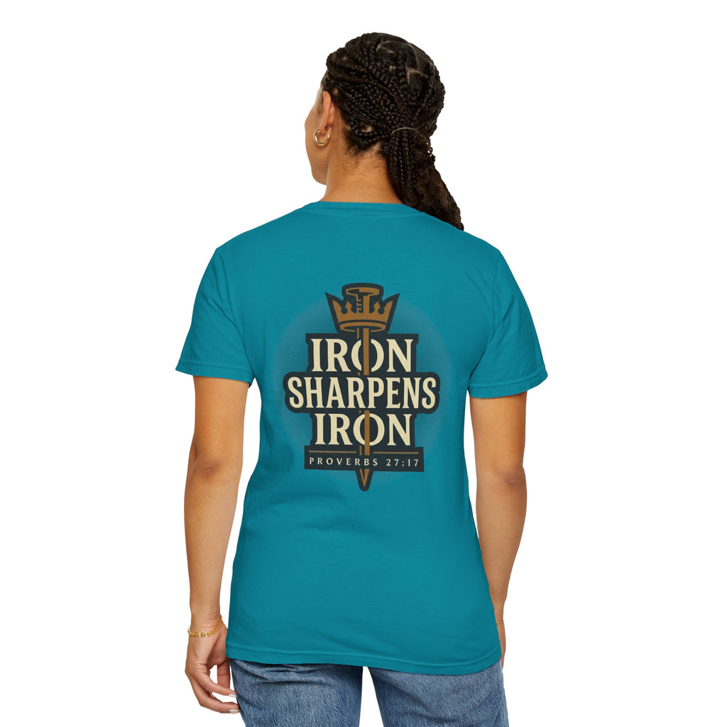 Iron Sharpens Iron T-Shirt — Small Cross Front, Proverbs 27:17 Back