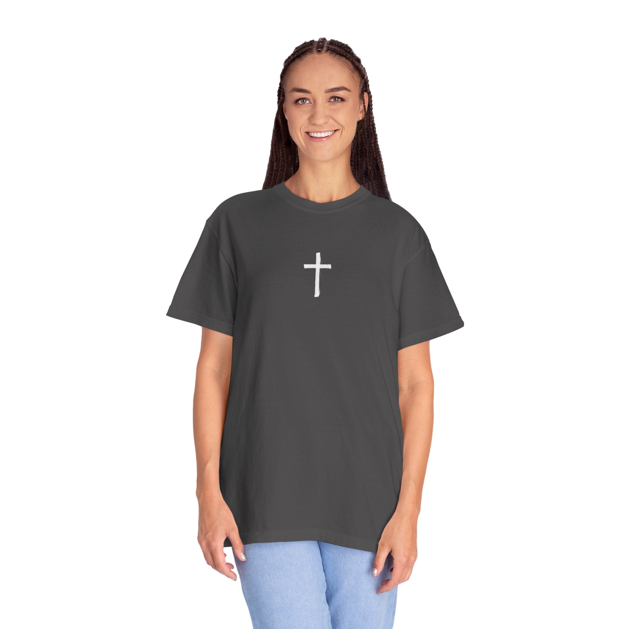 Christian Cross T-Shirt — "The harvest is plentiful, but the laborers are few" Back Graphic