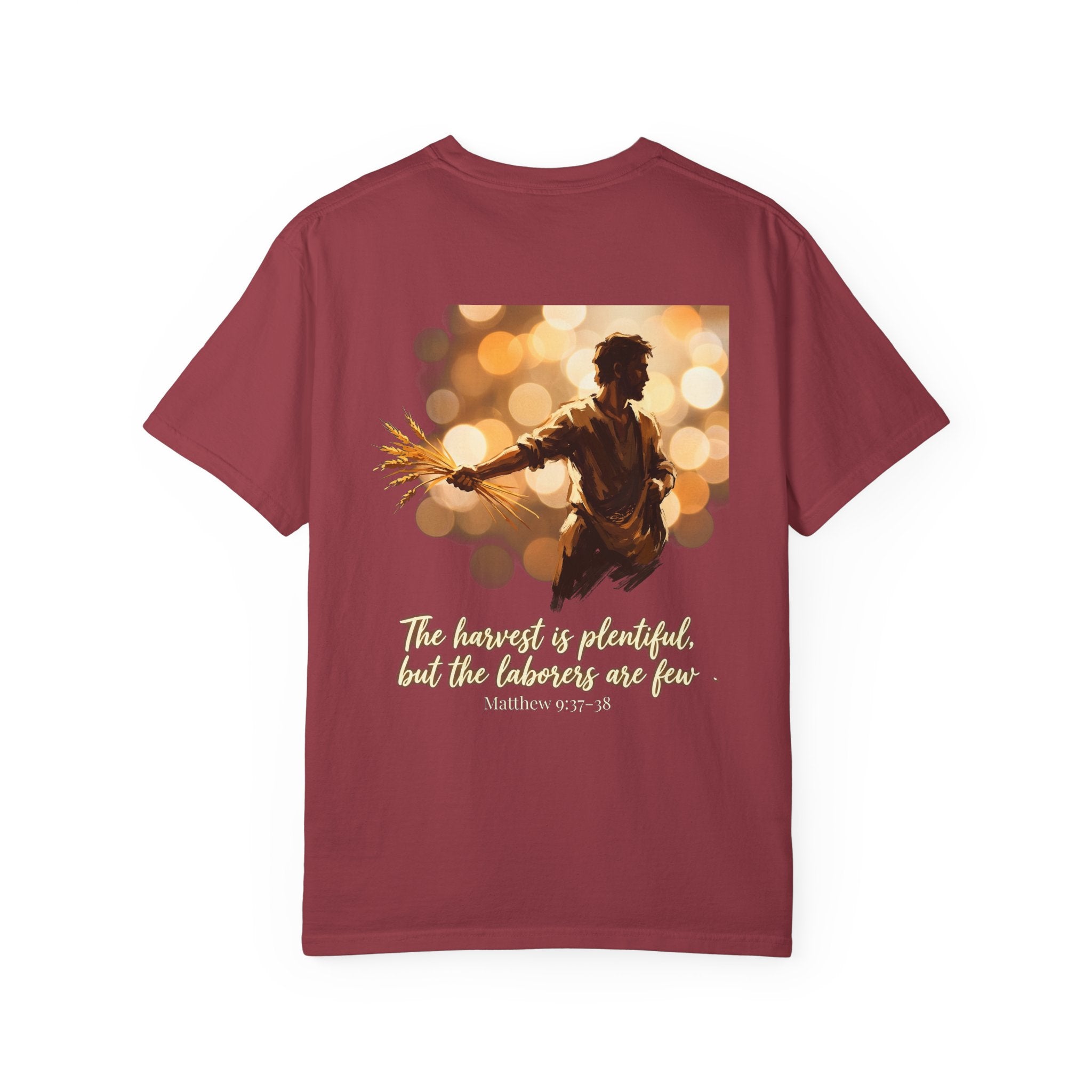 Christian Cross T-Shirt — "The harvest is plentiful, but the laborers are few" Back Graphic
