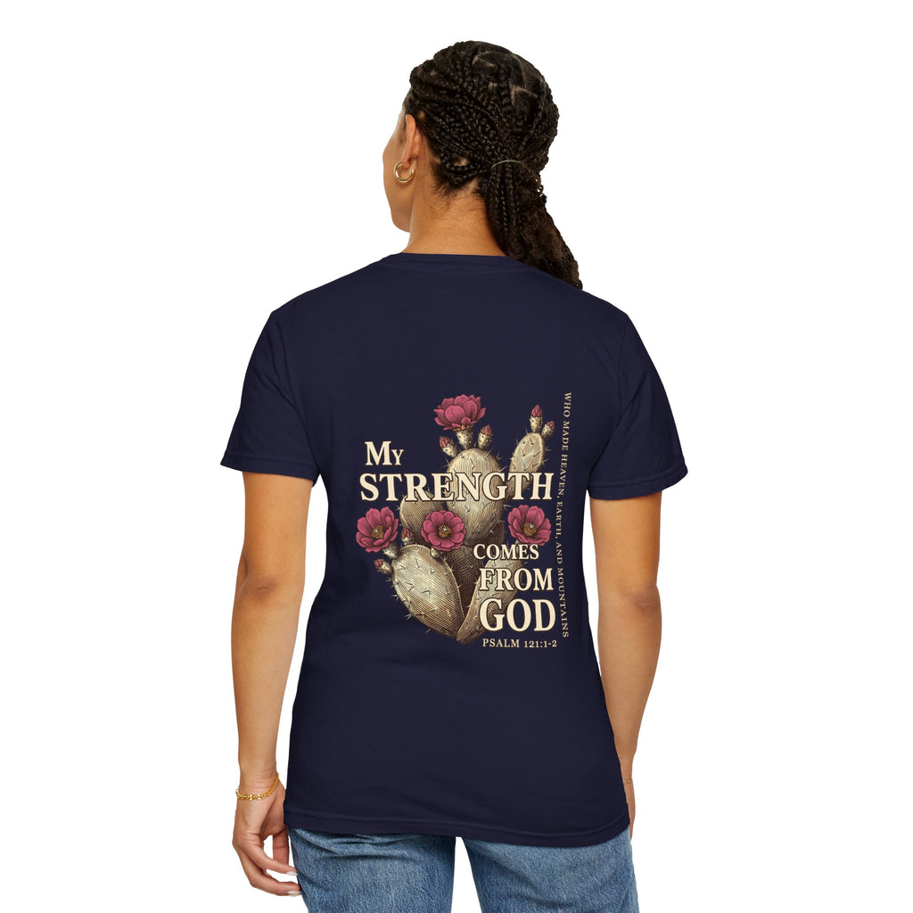 Christian Floral T‑Shirt — “My Strength Comes From God” Chest Cross Design