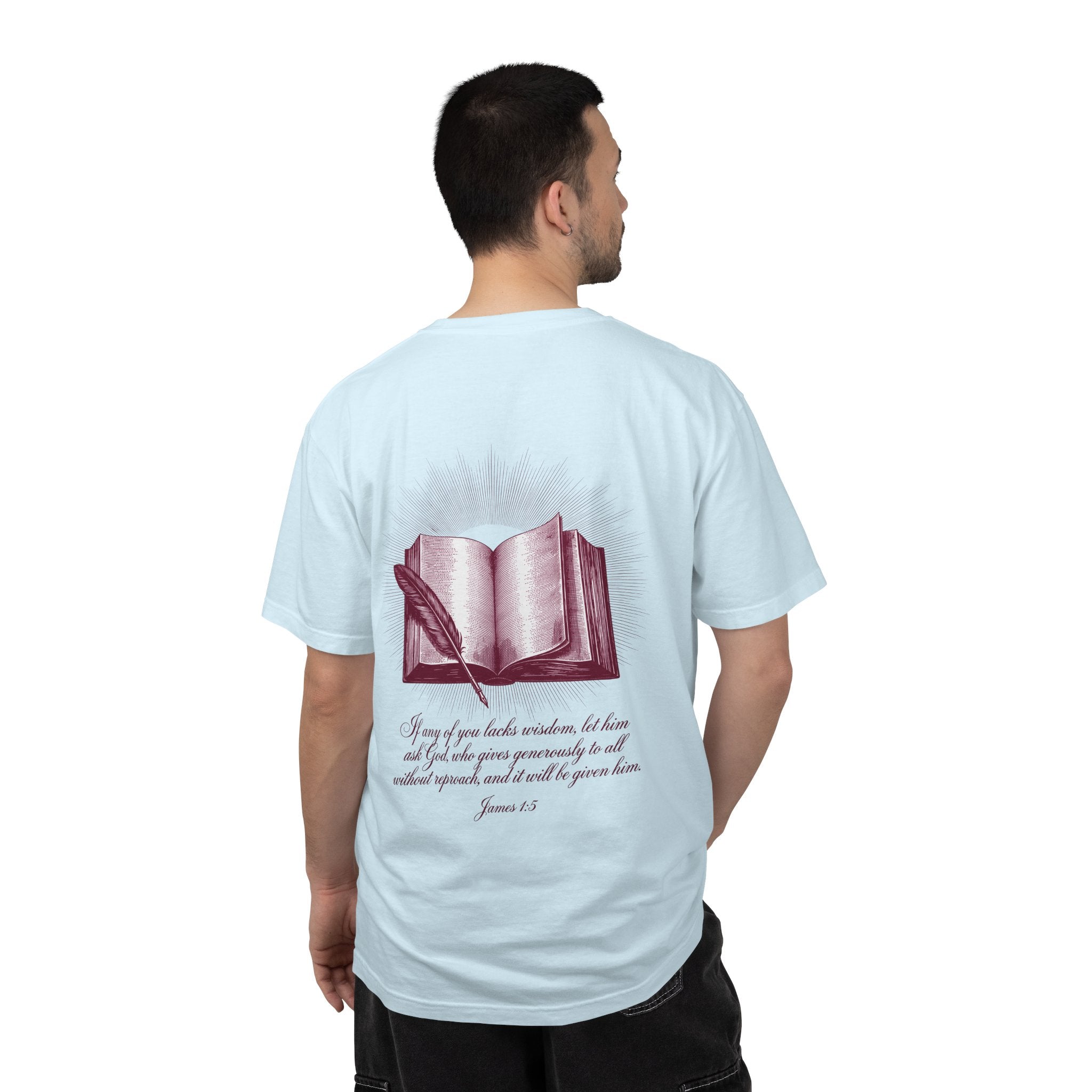 Christian Cross T-Shirt — Illustrated Bible Back Print with James 1:5 Quote