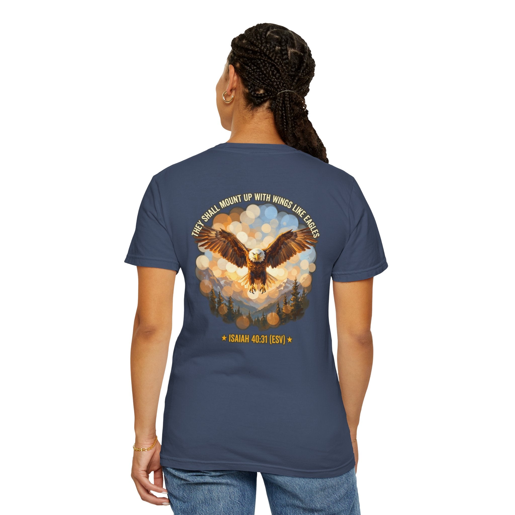 Eagle & Cross Christian T‑Shirt — "They Shall Mount Up with Wings" (Isaiah 40:31)