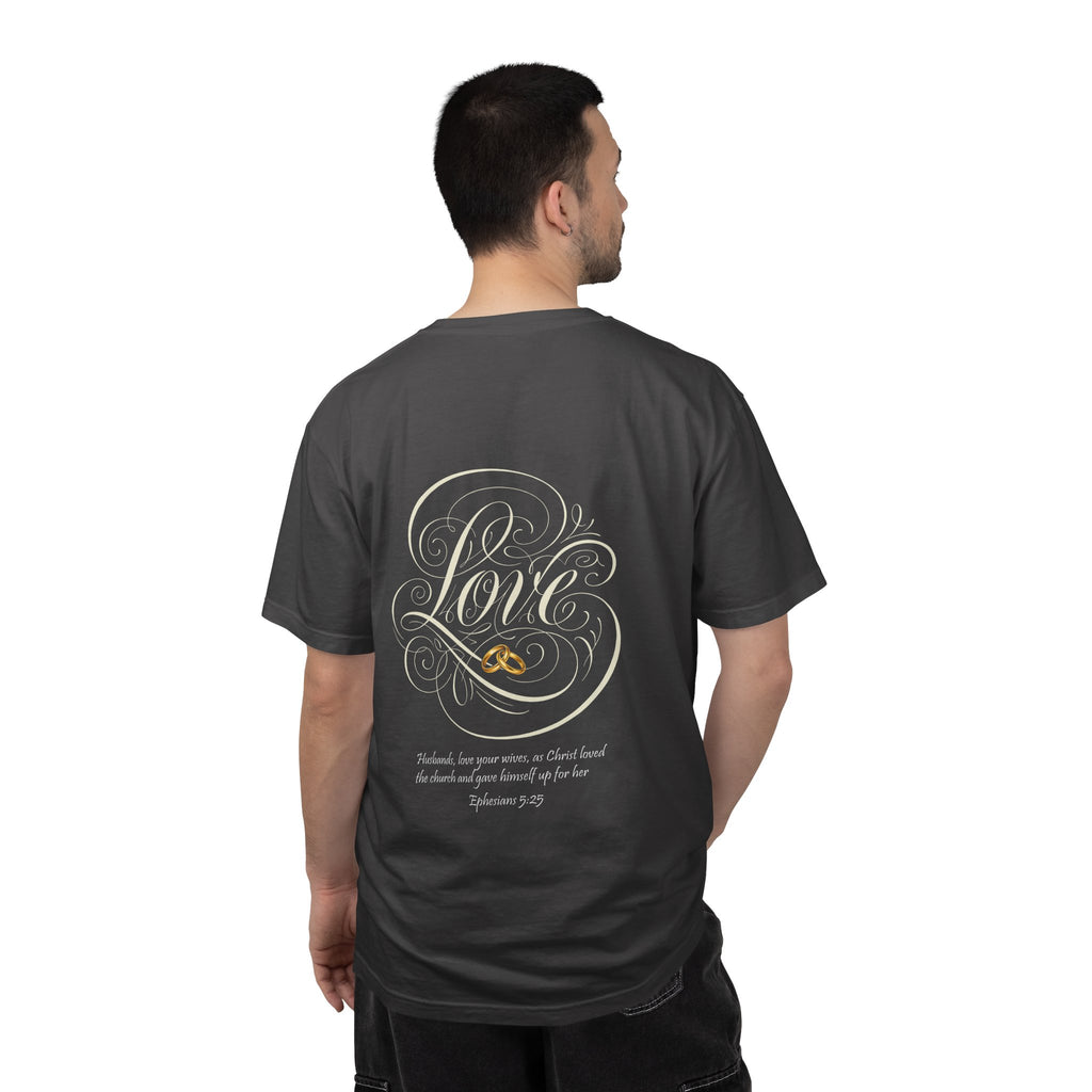 Christian Love Tee — Scripture Cross Back Design (1 John 4:19)